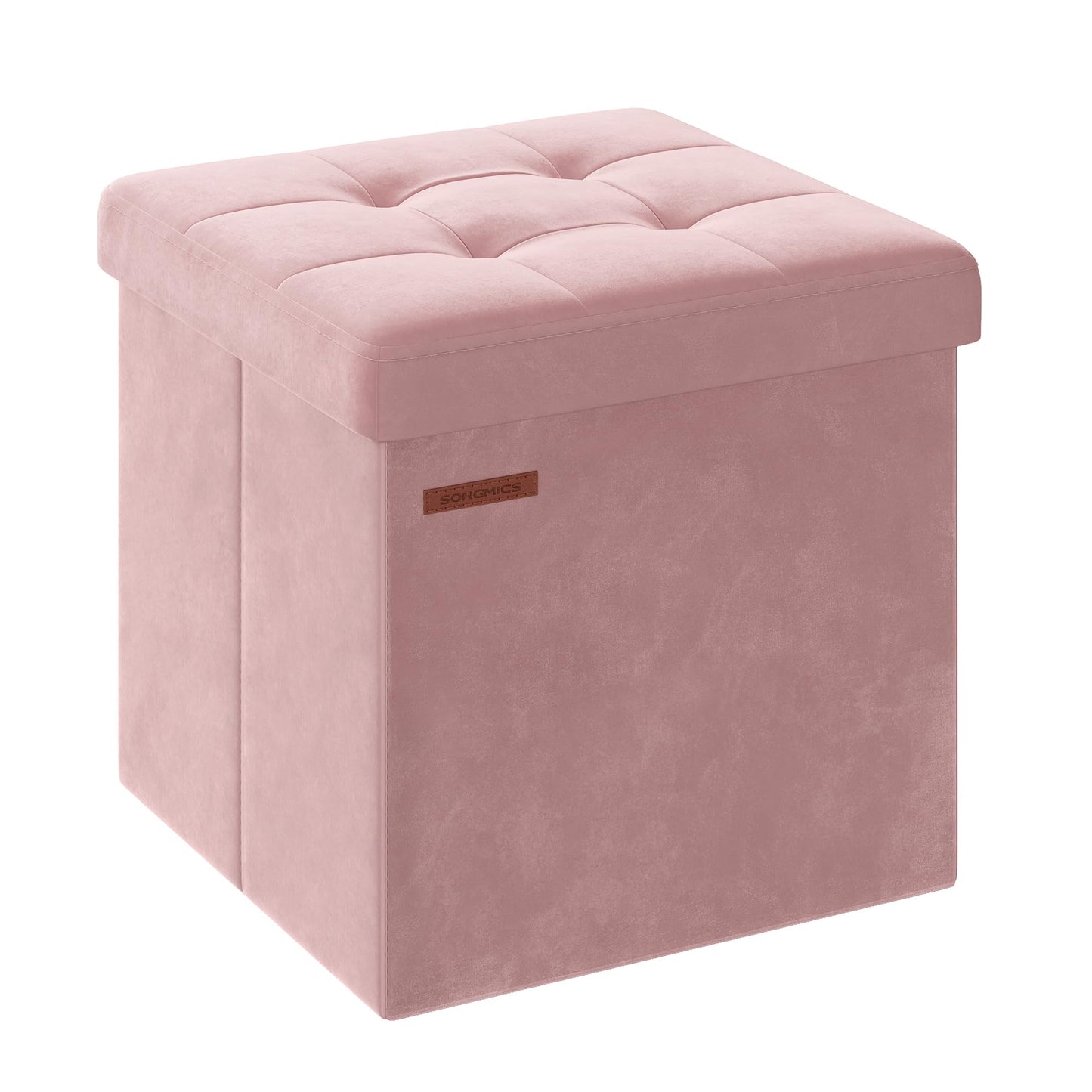 SONGMICS Small Storage Ottoman, Folding Ottoman Cube, 15 x 15 x 15 Inches, Footstool, Footrest, 11 Gal. (43 L), Velvet Surface, for Bedroom, Living Room, Dorm, Jelly Pink ULSF227R01