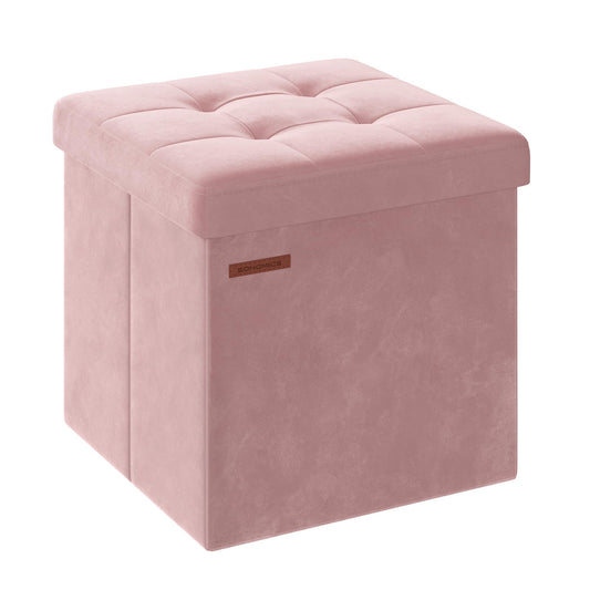 SONGMICS Small Storage Ottoman, Folding Ottoman Cube, 15 x 15 x 15 Inches, Footstool, Footrest, 11 Gal. (43 L), Velvet Surface, for Bedroom, Living Room, Dorm, Jelly Pink ULSF227R01