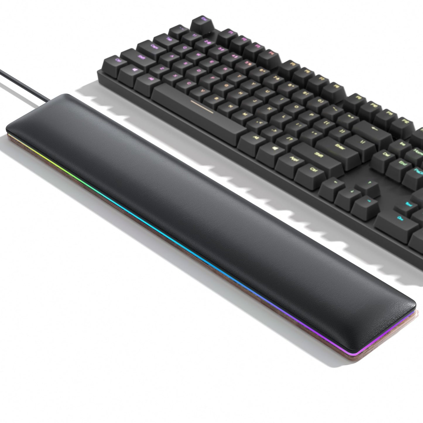 ASFSKY RGB Keyboard Wrist Rest, Ergonomic Wooden Wrist Support with PU Leather & Memory Foam, Non-Slip and Easy-to-Clean Design, Wrist Pad for Mechanical Keyboard, Gaming & Office Use