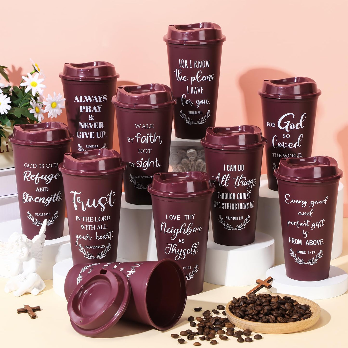 Skylety 40 Pack Christian Gifts for Fathers Bulk Church Gifts for Men 16oz Inspirational Bible Verse Coffee Cups with Lids for Dad Teacher Graduation Party Favor (Burgundy)