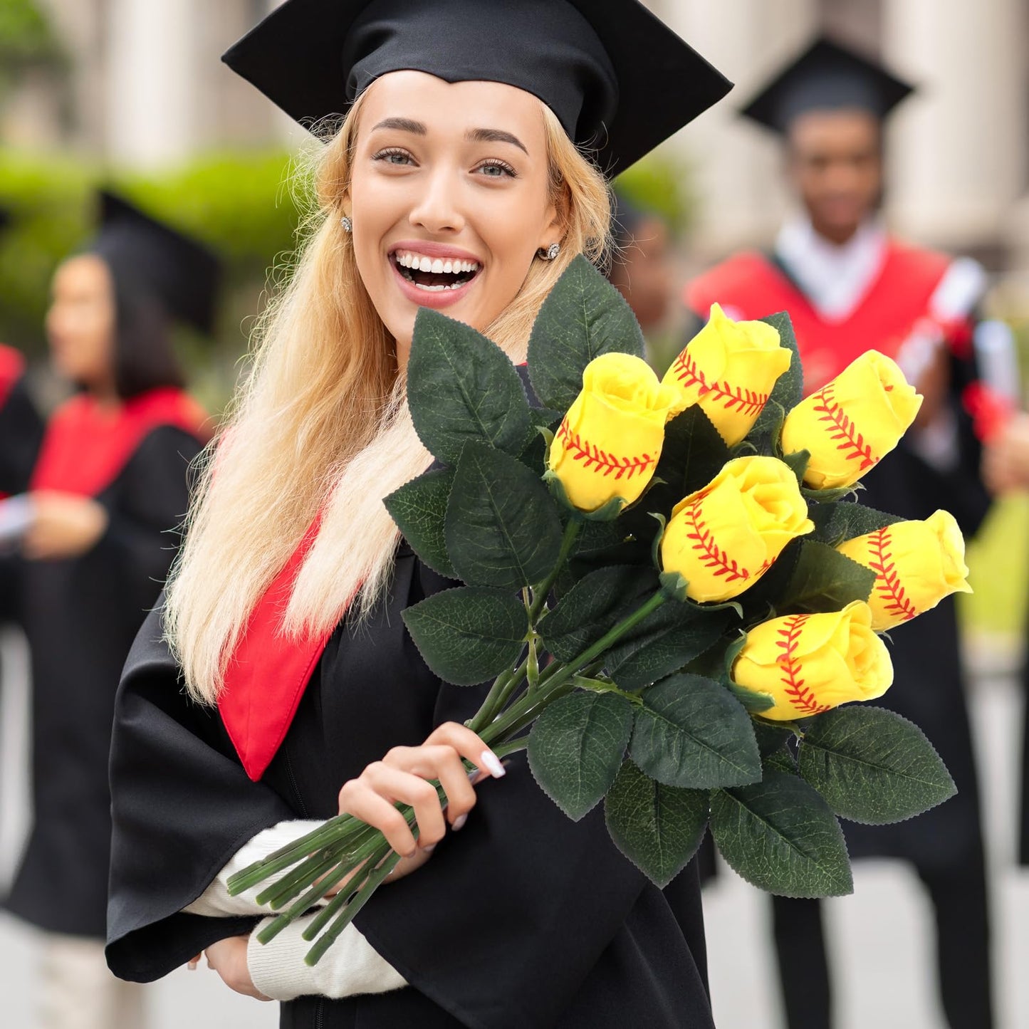 Hotop 12 Pcs Softball Roses with Leaves Artificial Yellow Rose Bouquet for Softball Team Senior Fans Coach Gift Sports Theme Graduation Wedding Party Decoration