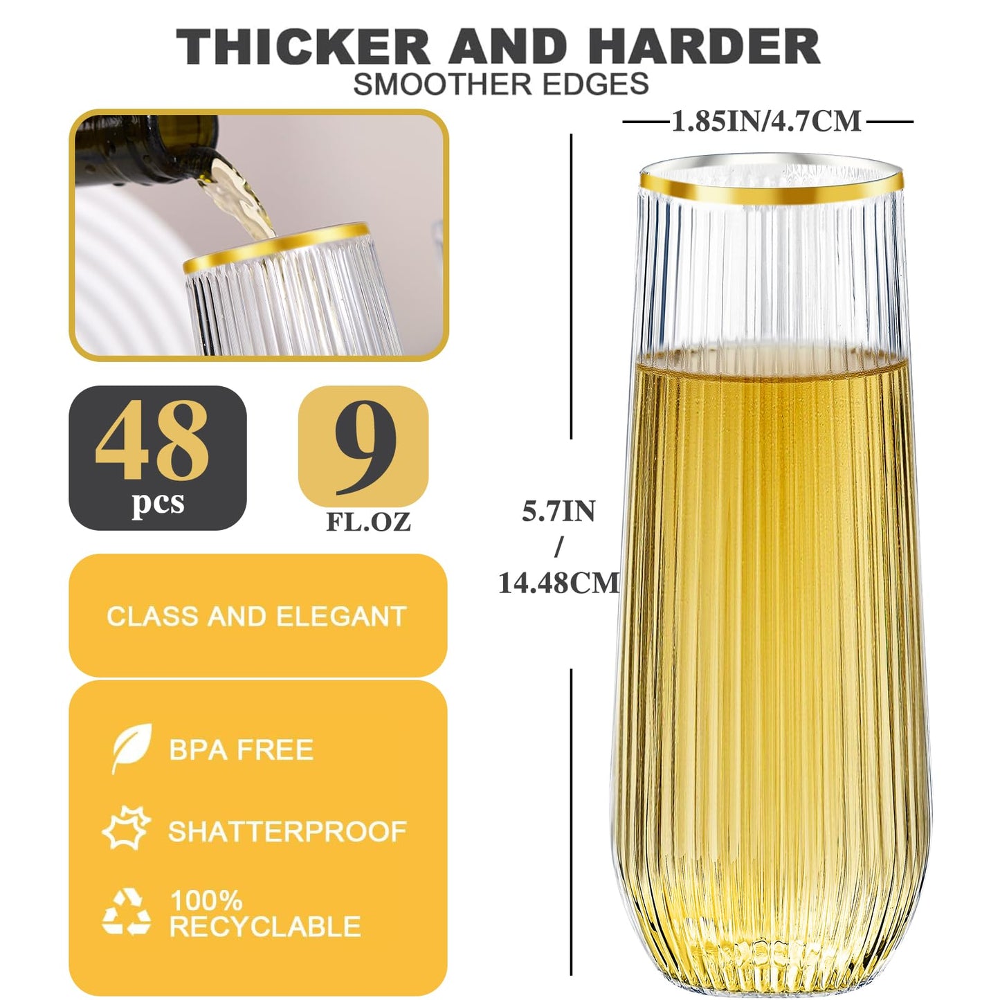 Lueumxc 48 Pack Plastic Champagne Flutes, 9 Oz Ribbed Stemless Disposable Gold Rim Plastic Toasting Glasses Shatterproof Recyclable and BPA-Free Perfect For Wedding
