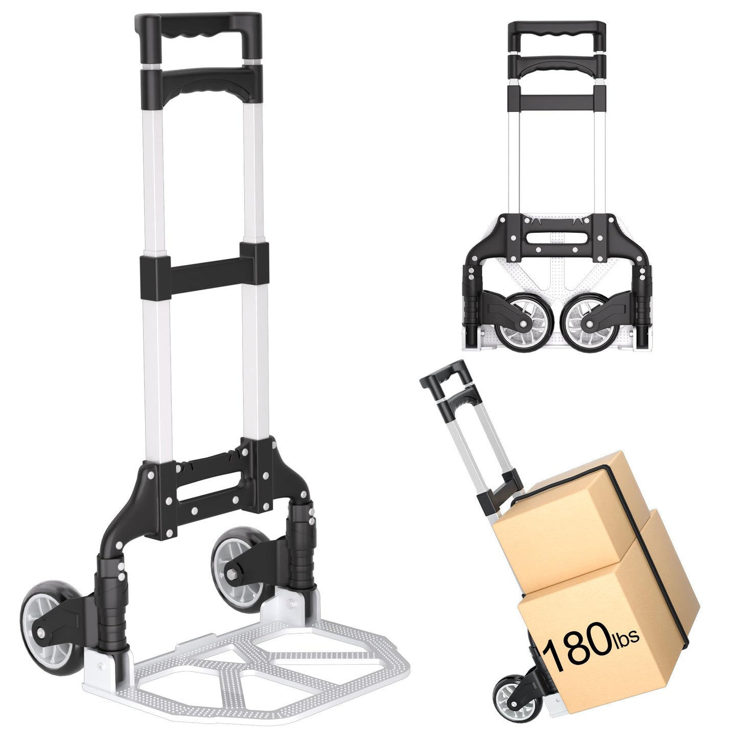 Folding Hand Truck - Aluminum Portable Dolly Cart with Telescopic Handle, Bungee Cord - Compact Lightweight Foldable Luggage Cart for Moving, Home, Auto, 180lbs, Black