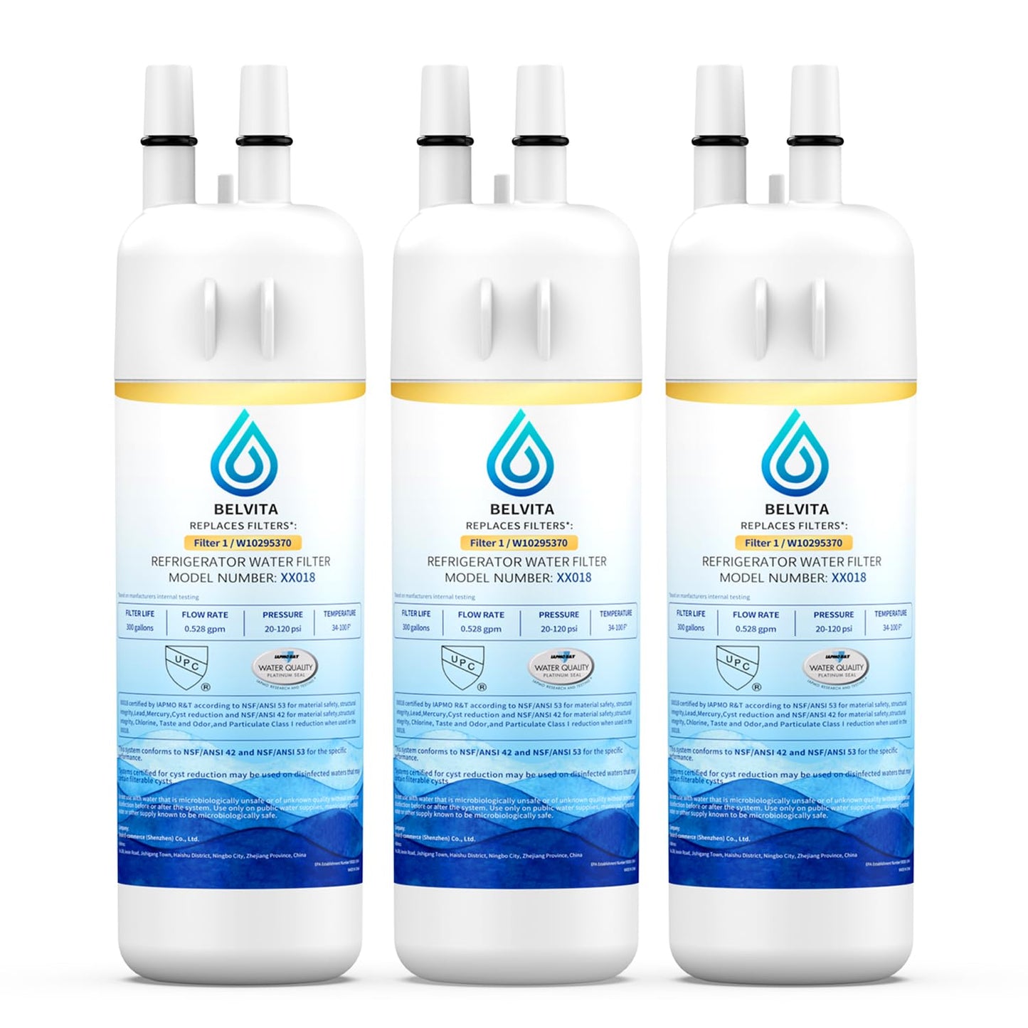 BELVITA Plus NSF/ANSI 53 Certified Water Filter Compatible with W10295370A, EDR1RXD1, WHR1RXD1, KAD1RXD1, Filter 1, W10295370, P4RFWB, P8RFWB2L, 46-9930, 46-9081 Refrigerator Water Filter, 3 Pack