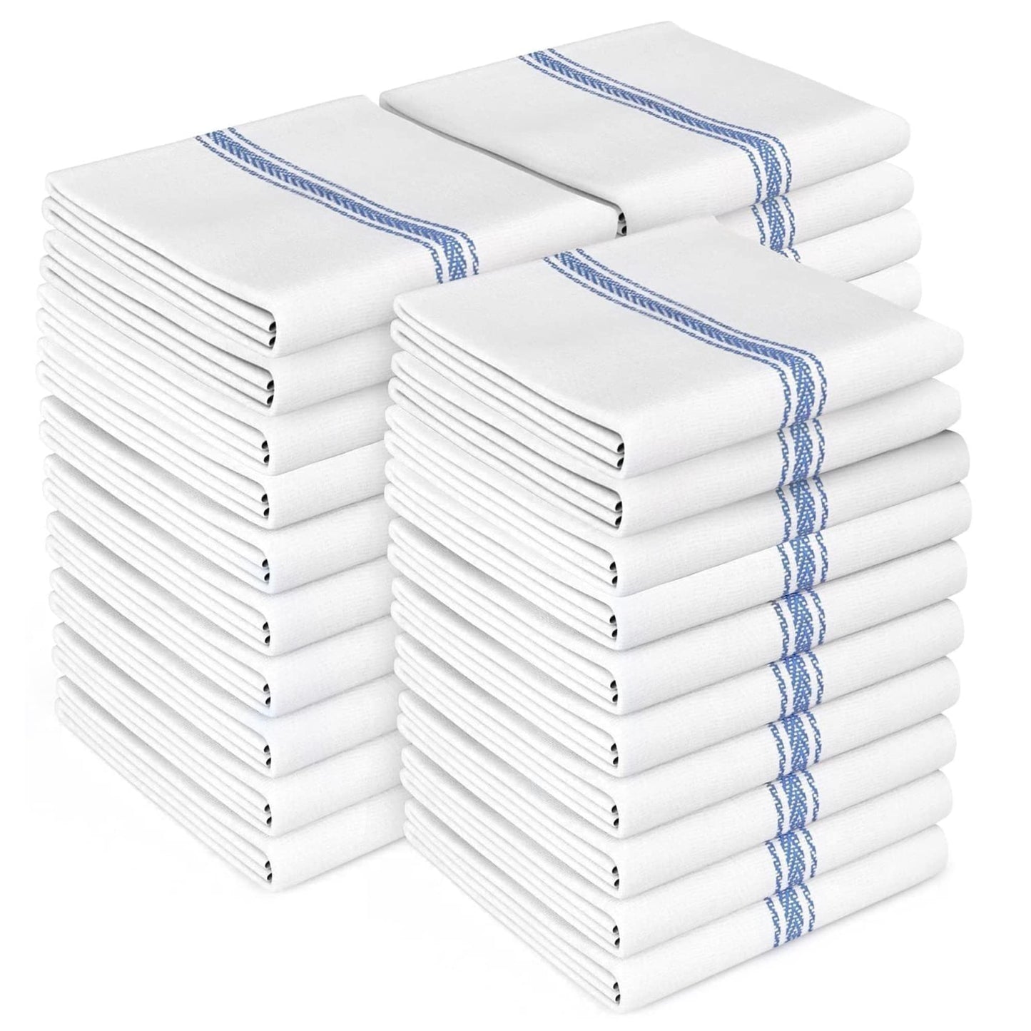 Zeppoli Classic Kitchen Towels - 30 Pack 100% Natural Cotton Towel Set, Reusable Wash Cloths, Absorbent Dish Towels, Machine Washable Hand Towels, Kitchen Essentials - 14” by 25”, Blue Striped
