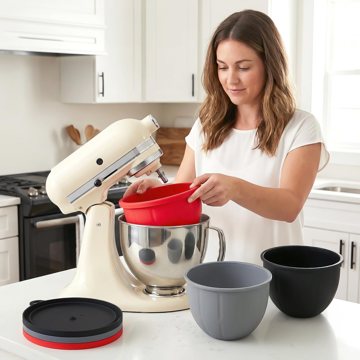 Silicone Liners for KitchenAid Mixers - Mixing Bowl Liners with Lids for 5 Qt Tilt-Head Stand Mixer, Kitchen Aid Accessories and Attachments with Measurement Markings & Timer Pointers, 3pcs