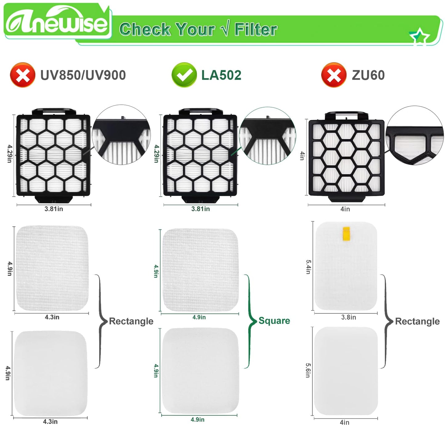 Anewise LA502 Brush Filter for Shark Rotator Lift-Away DuoClean PowerFins LA500 LA455 LA502 LA502NP LA500WM Upright Vacuum, 1 Brush, 2+4 Filters, Part #1483FC2000, XHF320, XFFK320