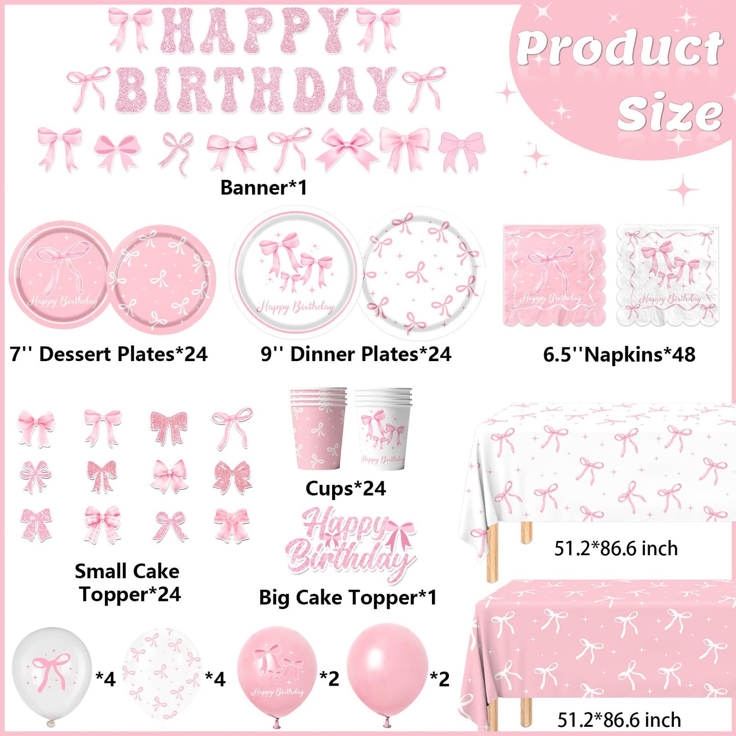 Pink Bow Birthday Party Supplies Serve 24, Coquette Birthday Decorations Include Bow Plates Napkins Cups Banner Tablecloth Cake Topper Balloons Bow Theme Tableware for Girls Bachelorette Decor