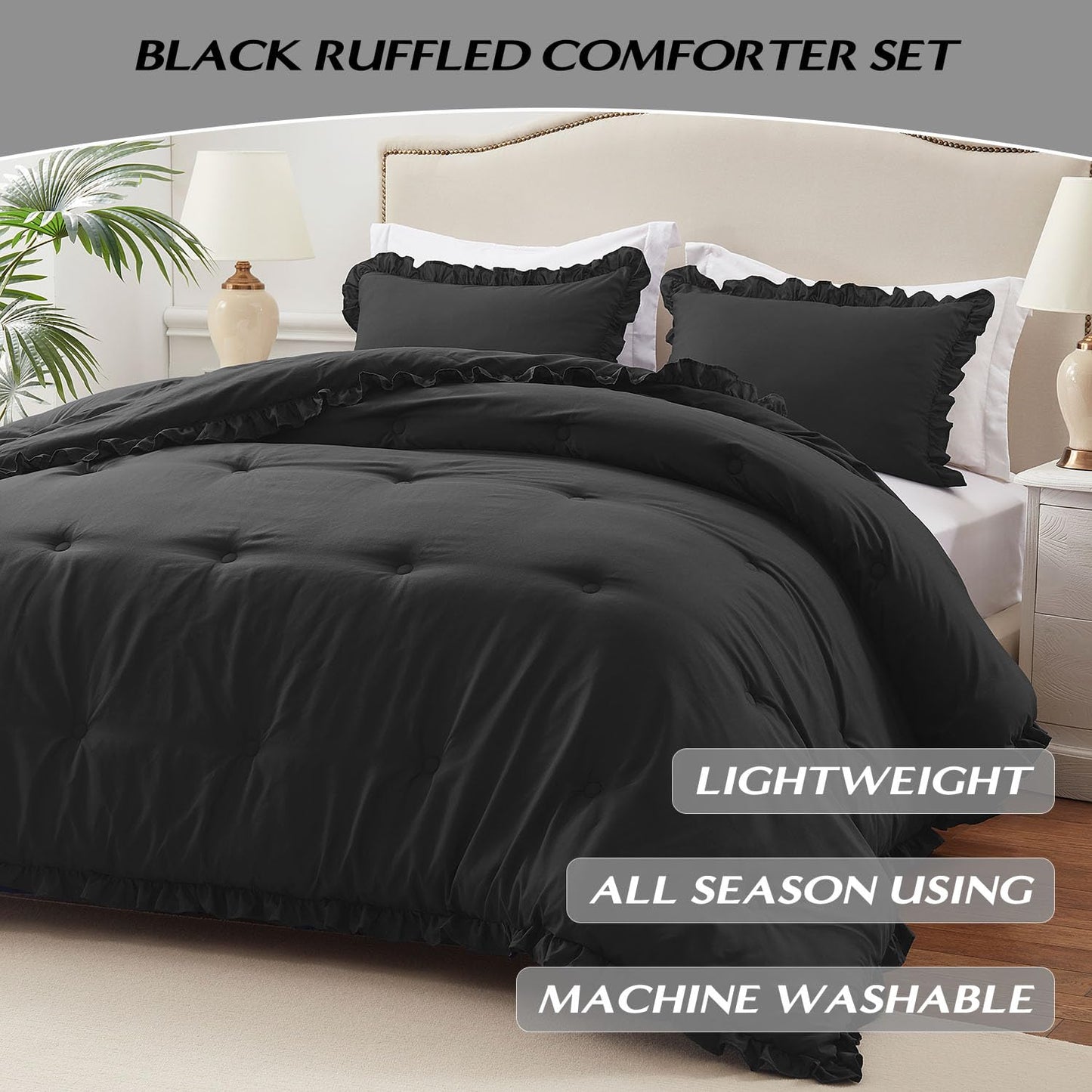 HARBOREST Queen Comforter Ruffle Black, Fluffy Queen Bedding, 3 Pieces Shabby Chic Comforter Set(1 Comforter & 2 Pillow Shams)