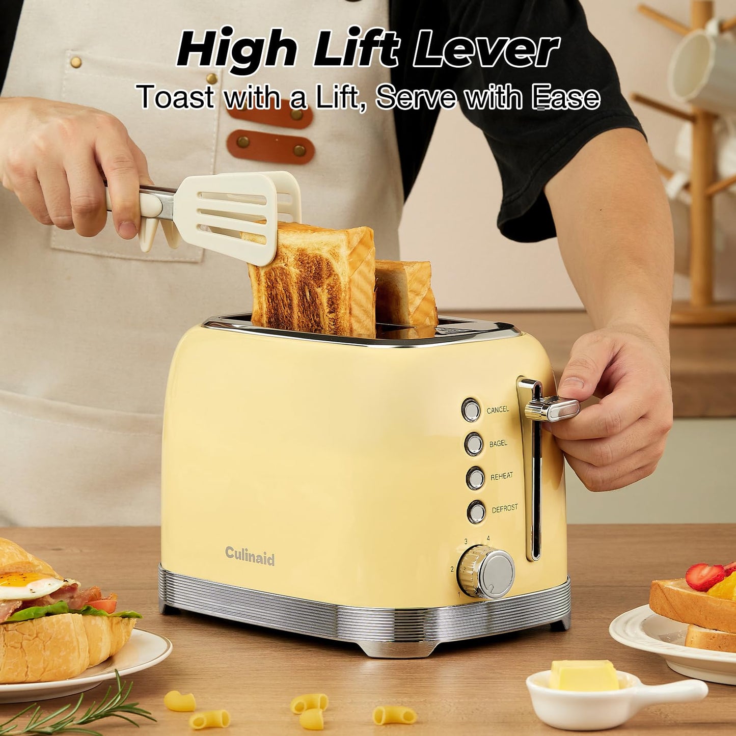 Culinaid Toaster 2 Slice Retro Stainless Steel with 1.5” Extra Wide Slots Bagel, Defrost, Reheat, Cancel Functions, 6 Bread Shade Settings, Removable Crumb Tray, Yellow
