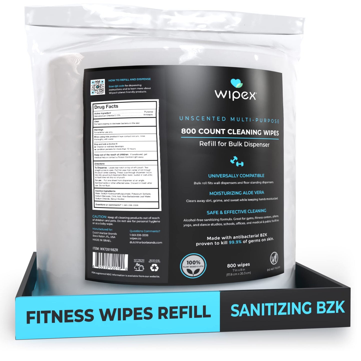 Wipex Fitness Wipes Refill - 800ct Antibacterial Hand Sanitizing Wipe with Safe Plant Based Cloth, Bulk Commercial Size - Great for Gyms, Studios, Clubhouse & Public Facilities