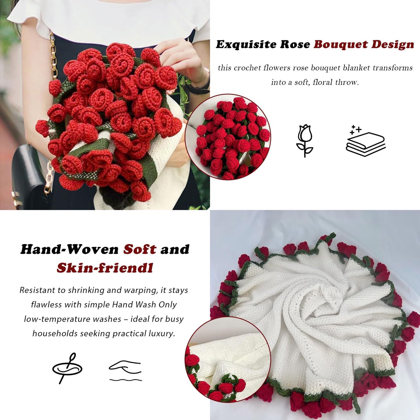 Nenkarn Crochet Flower Bouquet Blanket Handmade Rose Throw 40 Inch Soft Knitted All Season Home Decor Gift Christmas Birthday