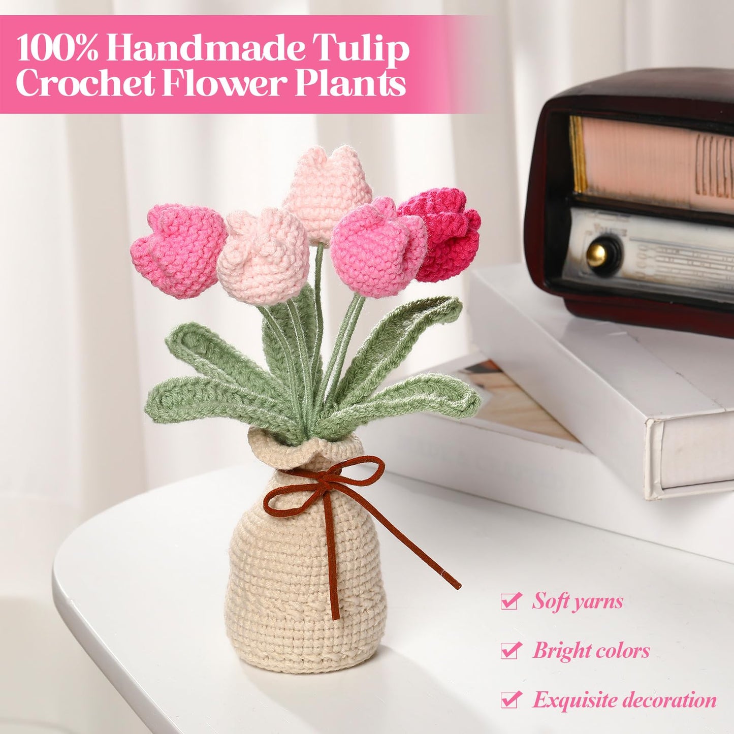 Marsui Crochet Knitting Tulip Bouquet with Vase 7" Knitted Artificial Forever Tulip Handmade Woven Flower with Exquisite Pot Gift for Father's Gifts Back to School Gift Family Home Desk Decor(Pink)