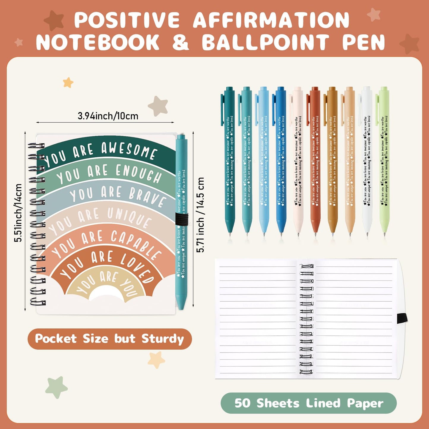 Thenshop 60 Pcs Mental Health Awareness Gifts Bulk 30 Self Care Notebook Journals 30 Positive Affirmation Pens for Women Office Staff Nurse Teacher Appreciation Student End of Year Gifts (Rainbow)