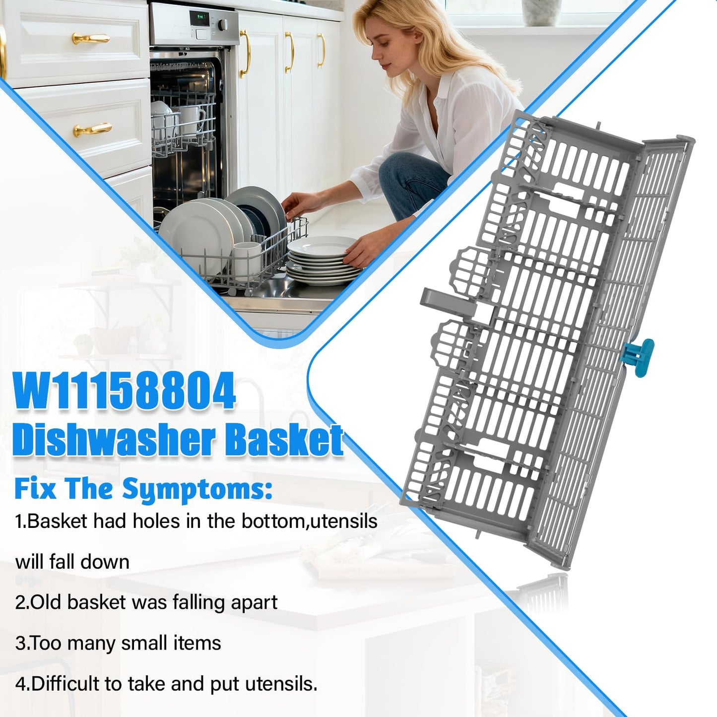 UPGRADED W11158804 Dishwasher Silverware Basket Compatible with Whirlpool Dishwasher Silverware Basket Parts 8562061 W10350340 W10629540 Dishwasher Utensil Basket WDT750SAHZ0 WDT970SAHZ0 WDTA50SAHZ0