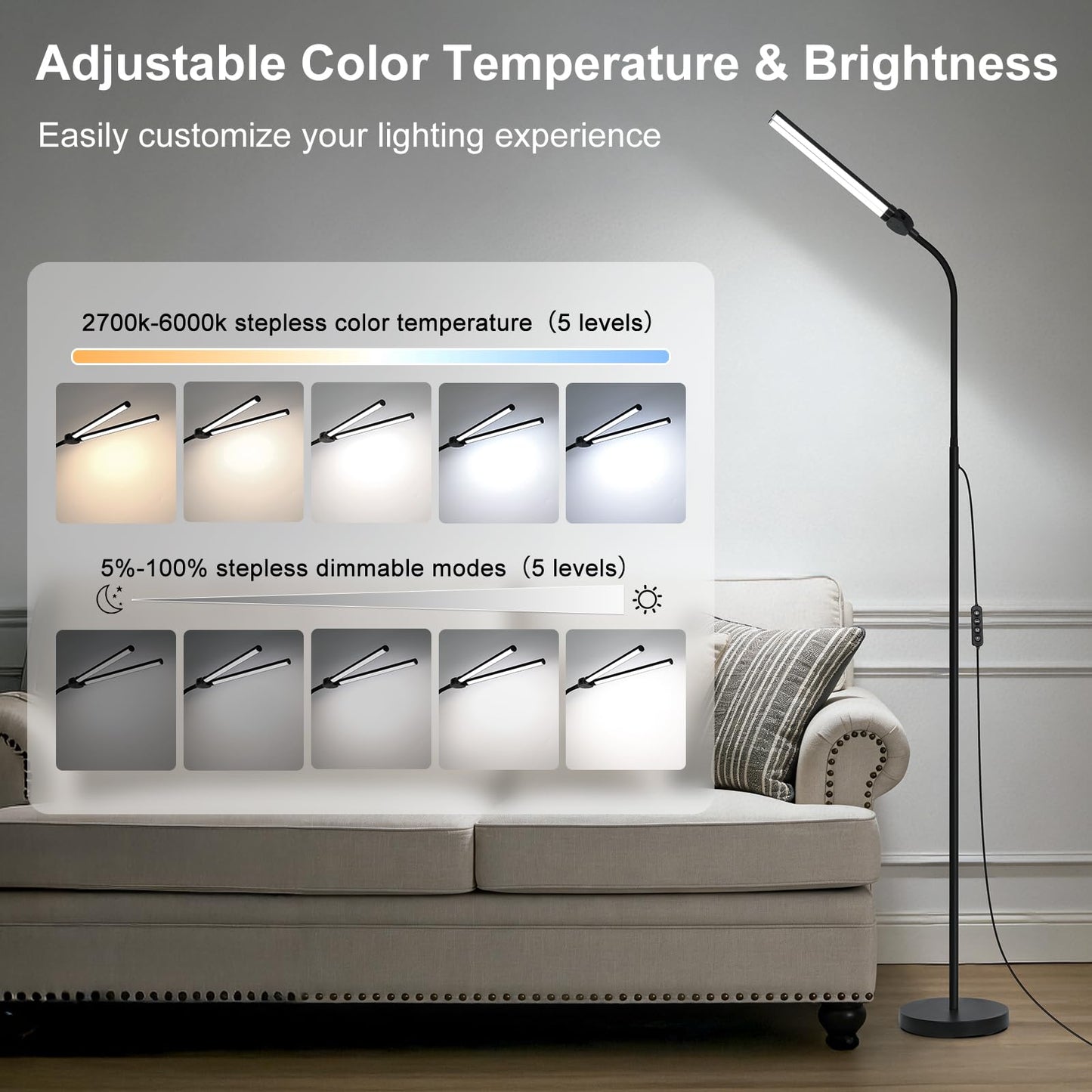 24W/2600LM LED Floor Lamp, Bright Reading Floor Lamps with Dual Head Adjustable Gooseneck, Dimmable Standing Task Lamp for Office Living Room Bedroom, Modern Eye Caring Light for Puzzle Craft Sewing