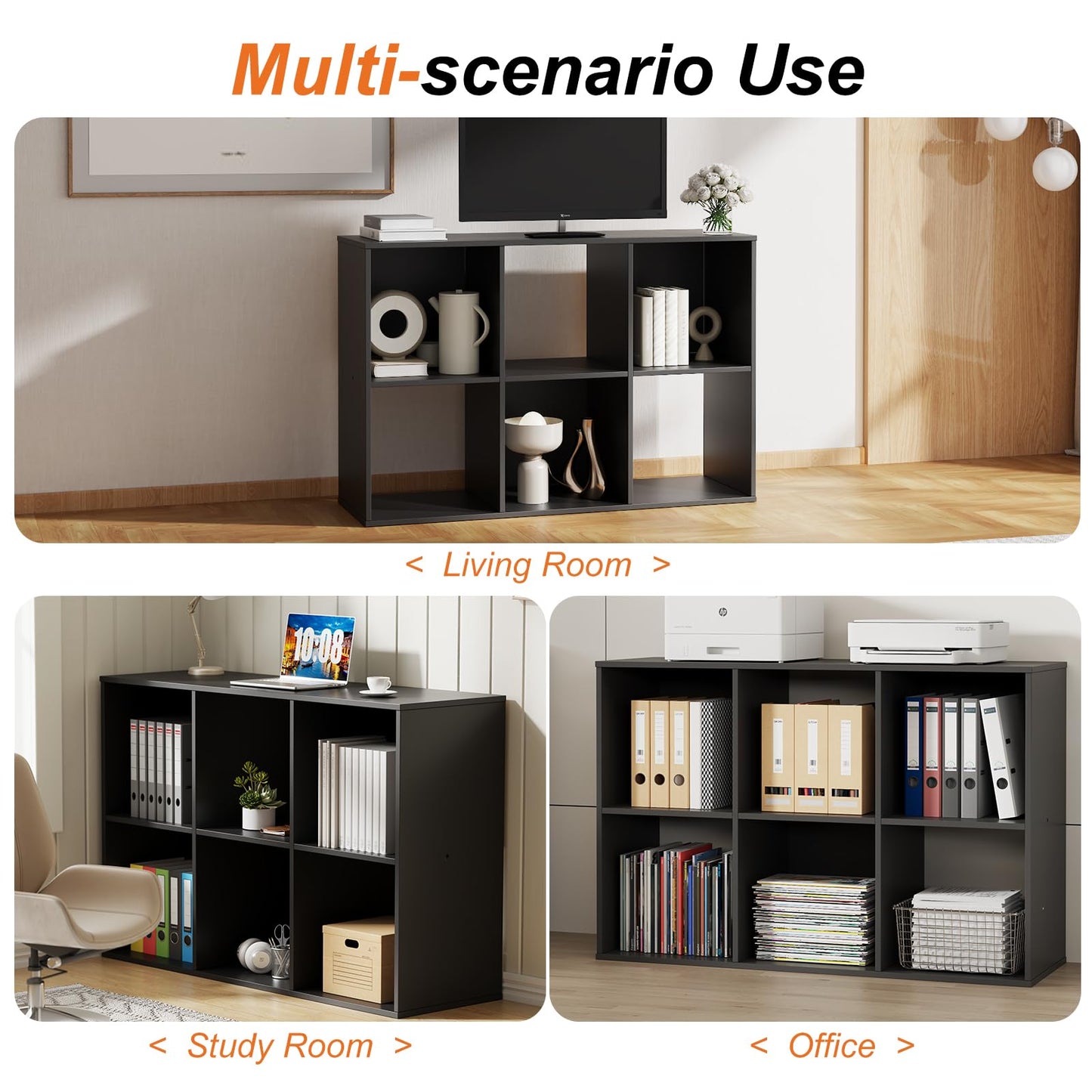 Sweetcrispy 6 Cube Storage Organizer - Open Cube Bookshelf with 3 Removable Back Panels, Display Storage Bookcase for Living Room, Bedroom, Entrance Hall, Home Office，36" L×11.6" W×24" H, Deep Black