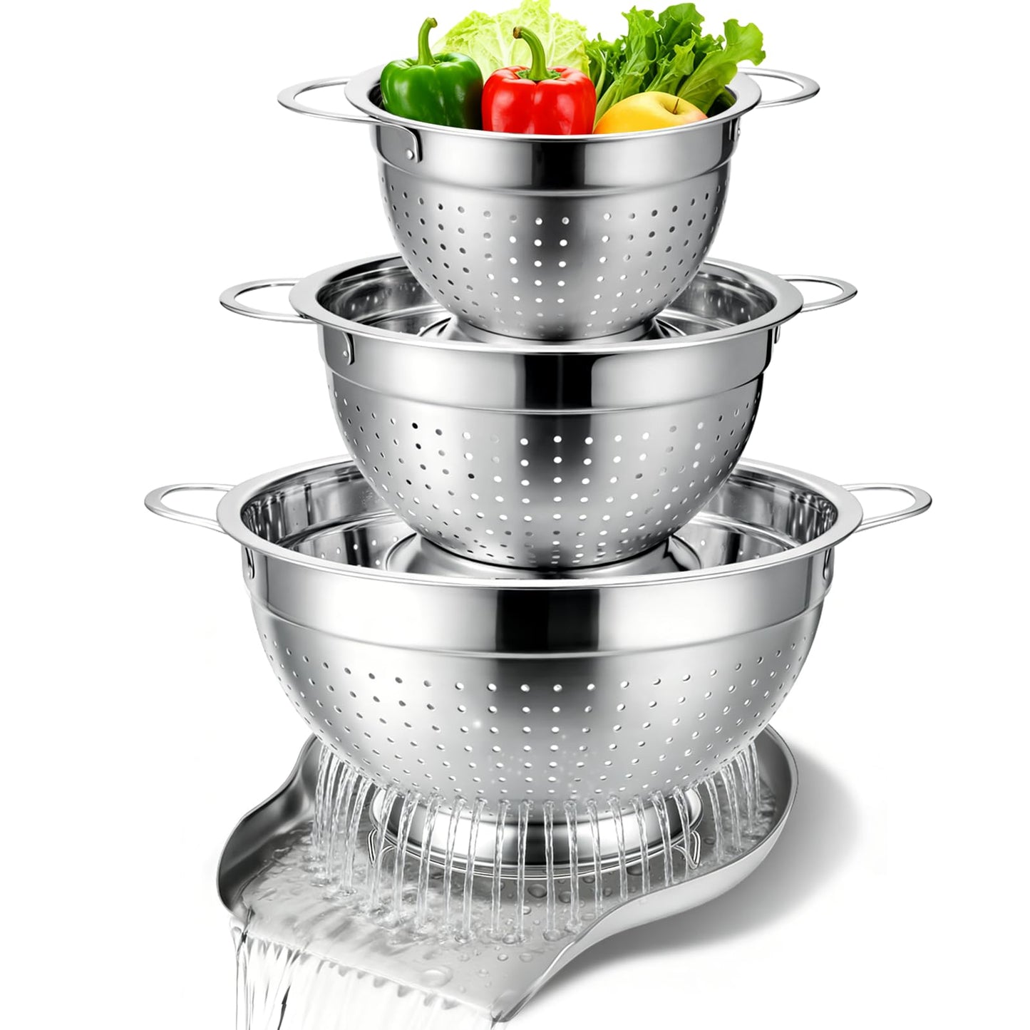 Palksky Stainless Steel Colander Set with Handles & Self-Draining Base, 3 Sizes (7”, 9”, 11”), Heavy Duty Pasta Strainer, Rice & Vegetable Strainer, Countertop Draining System