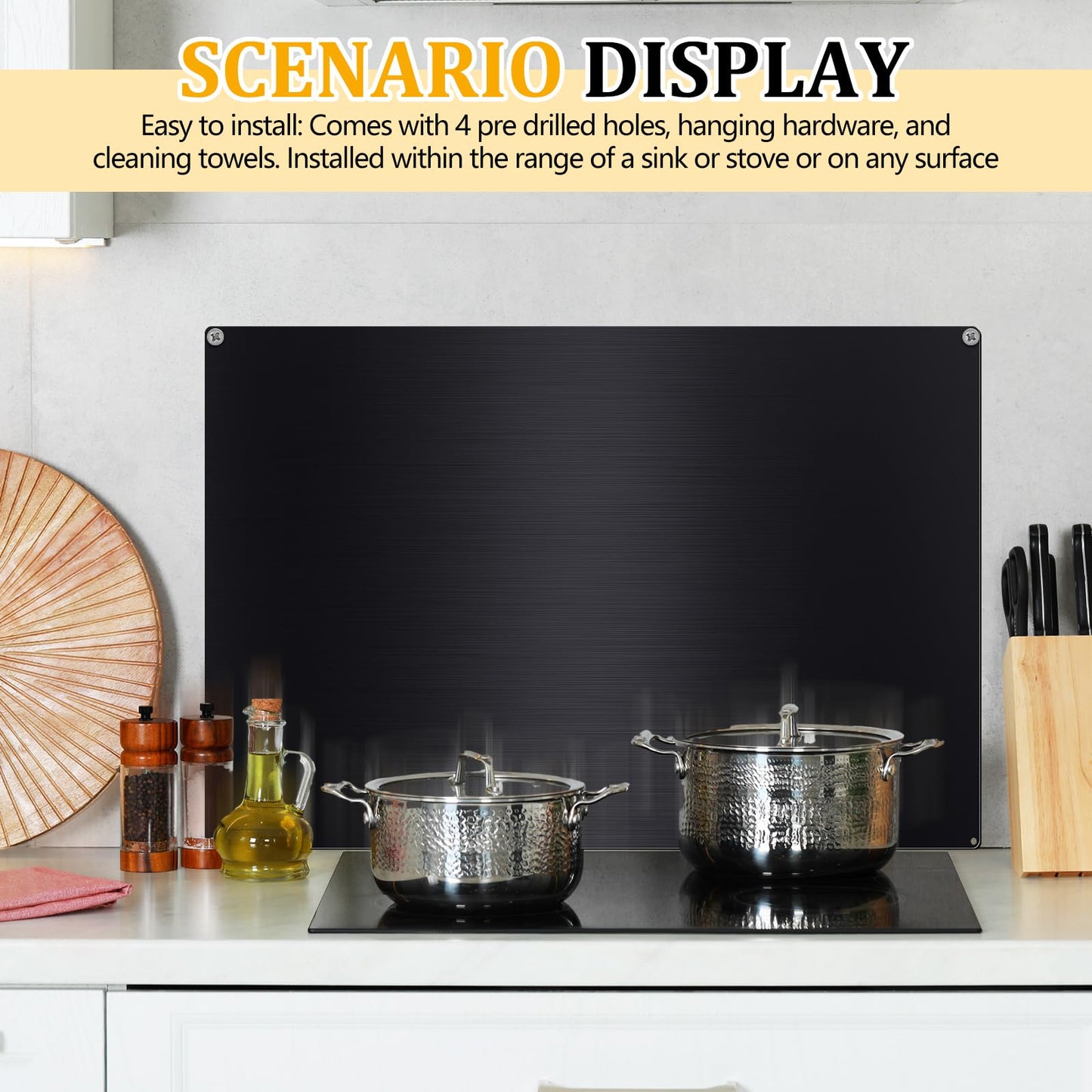 Yaocom Stainless Steel Backsplash Range Hood Stove Backsplash Back Stainless Steel Sheet for Kitchen Wall Splatter Metal Wall Panels with Screws and Hanging Towel(Black,30×12 Inch)