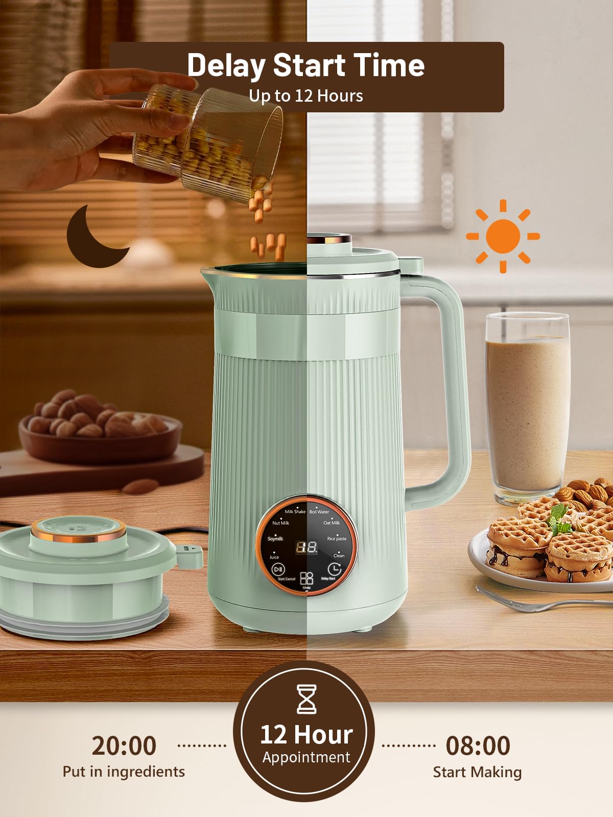 RELEXNOW Nut Milk Maker Machine, 35oz Homemade Soy, Almond, Oat, Coconut, Plant Based and Non Dairy Beverages, 8 in 1 Automatic Soybean Machine With 12H Delay Start/Keep Warm/Boil Water