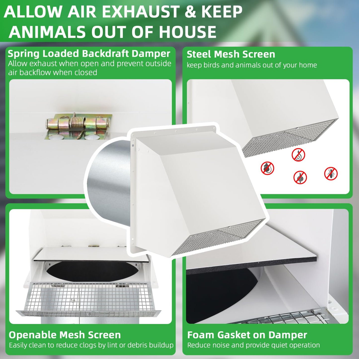 4 Inch Dryer Vent Cover Outside Hooded Wall Vent with Screen and Damper, Exhaust Vent Wall Mount Exterior Wall Vents Cover Cap for Dryer Ventilation&Outdoor Air Exhaust,Galvanized Steel,White