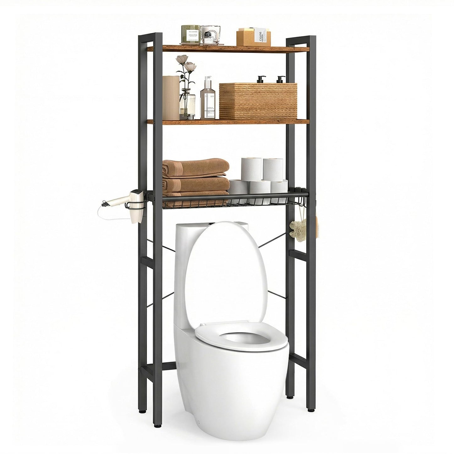 VASAGLE BARNET Collection - Over the Toilet Storage, Over Toilet Bathroom Organizer with Adjustable Shelves and Basket, 3 Hooks, Space Saving, 9.4 x 23.6 x 63 Inches, Rustic Brown UBTS113KD01S