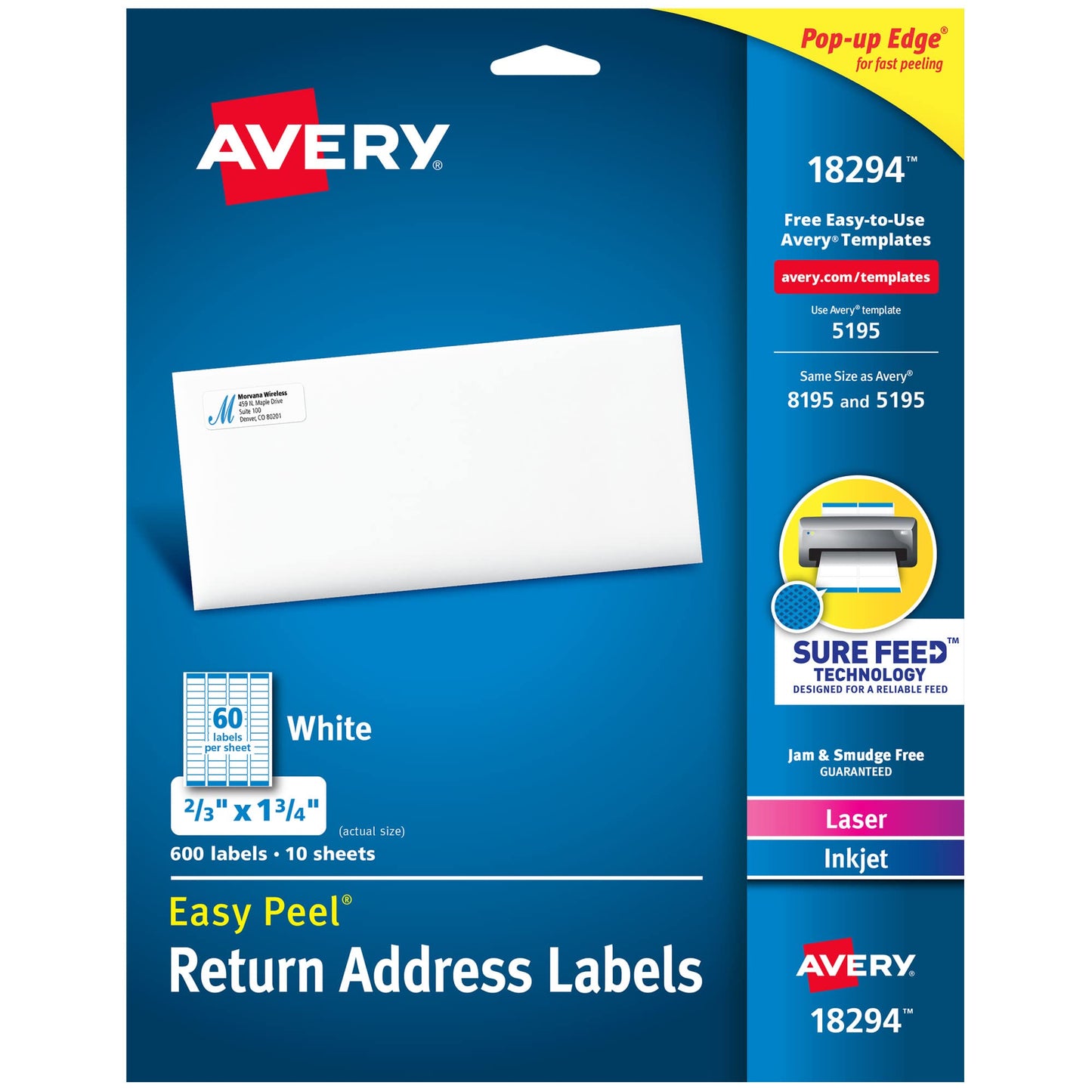 Avery Printable Return Address Labels, Sure Feed Technology, 2/3" x 1-3/4", White, Laser & Inkjet Compatible, 600 Blank Labels per Pack, Great for High-Volume Mailing (5-Pack of 18294)
