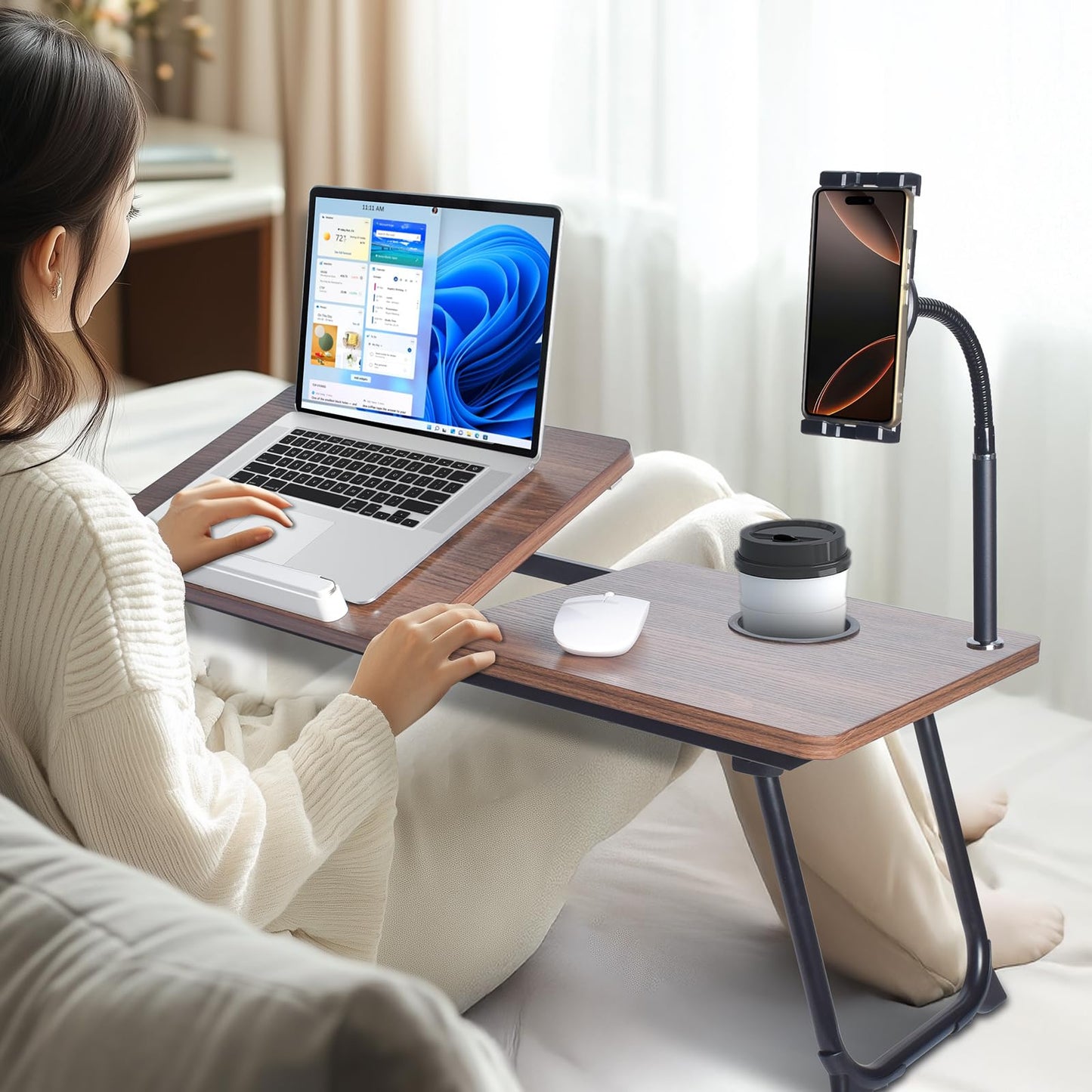 wishacc 28.7" Extra Wide Laptop Lap Desk for Bed and Sofa, Adjustable Bed Desk with Flexible Phone & Tablet Mount, Portable Black Lap Tray Table for Floor Couch Work, 2 Book Clips Included