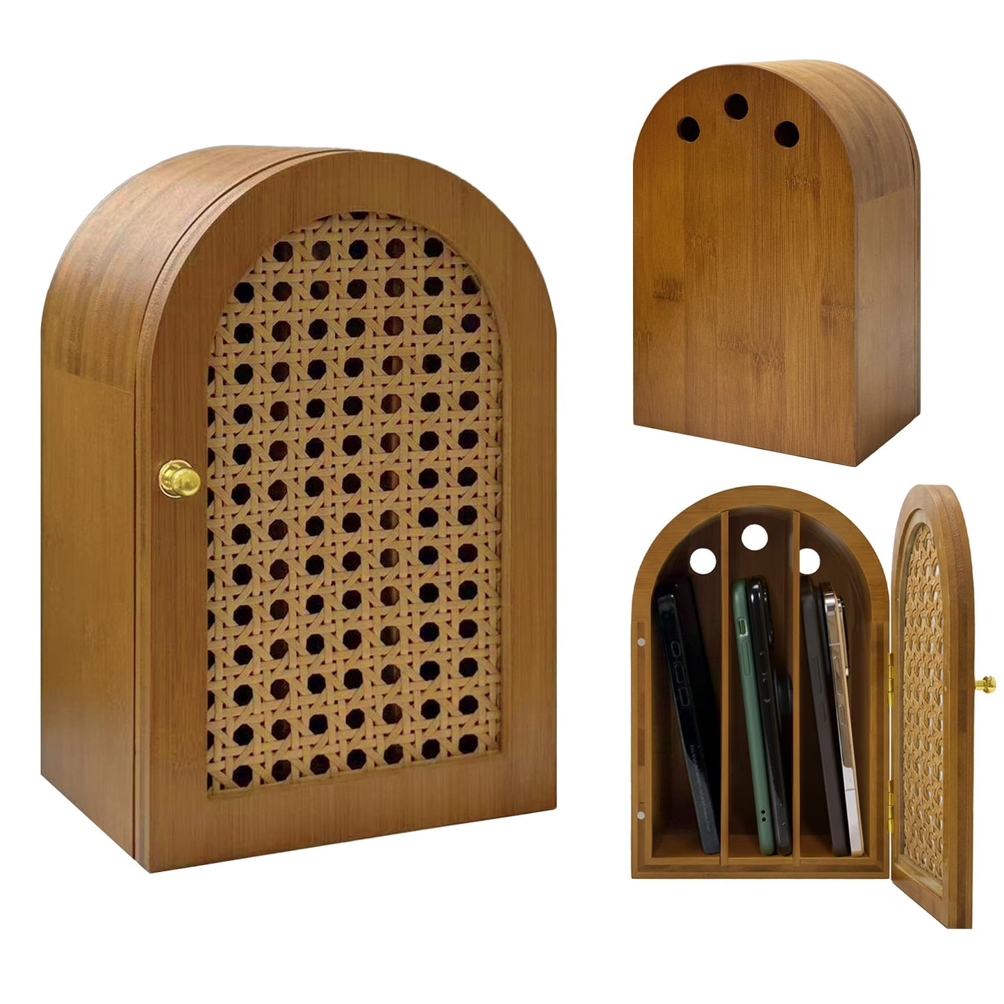 Verssure Bamboo Phone Box, Premium Cell Phone Box for Family Time, Cell Phone Jail with Charging Holes,Phone Lock Box Holds 6 Phones (Walnut)