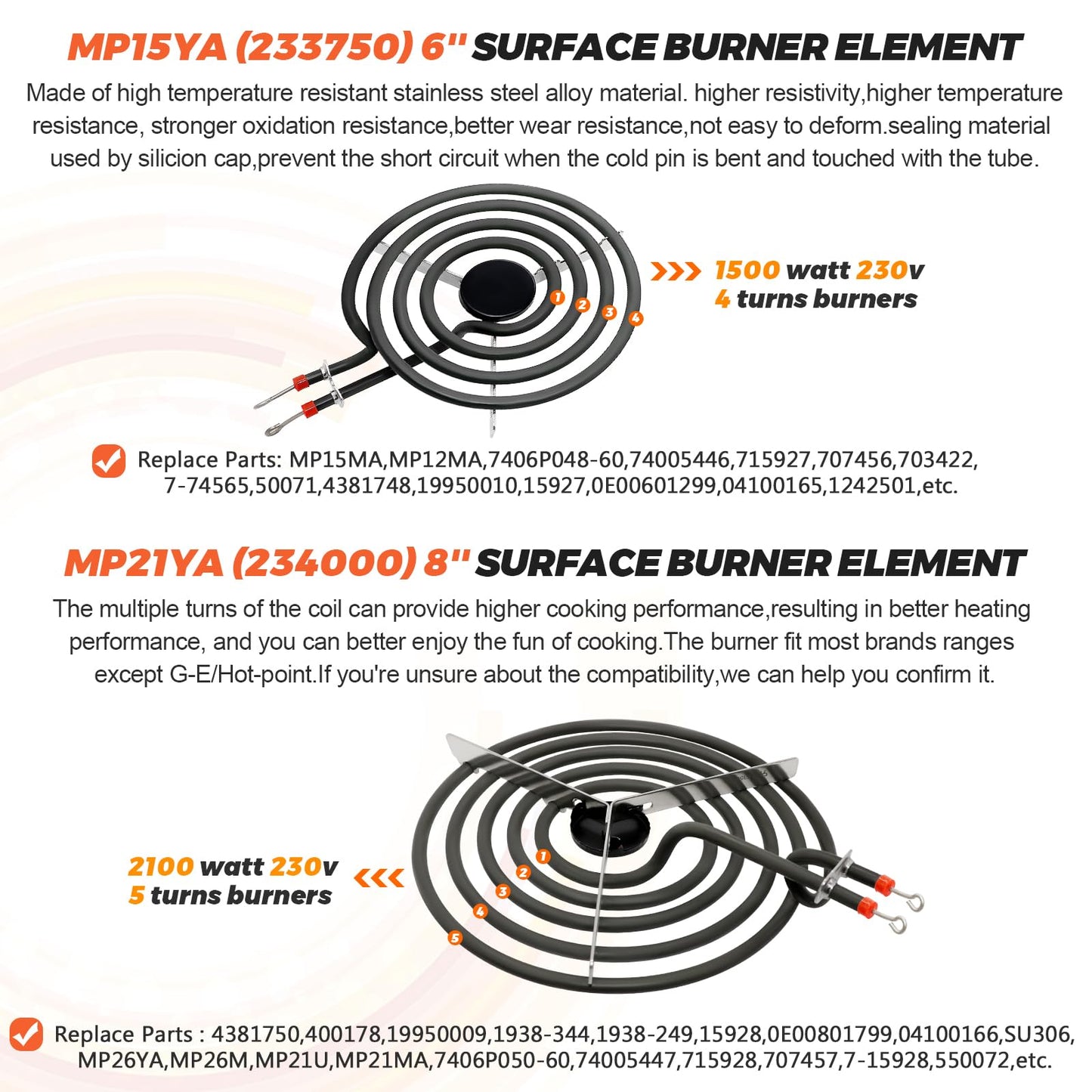 【UPGRADED】5304430149 5304430150 Porcelain Drip Pan Bowls & MP22YA Electric Range Burner Element Unit Set Fit for Frigidaire Kenmore Crosley Range Oven Stove Replace 318067041 318067051 by Beaquicy
