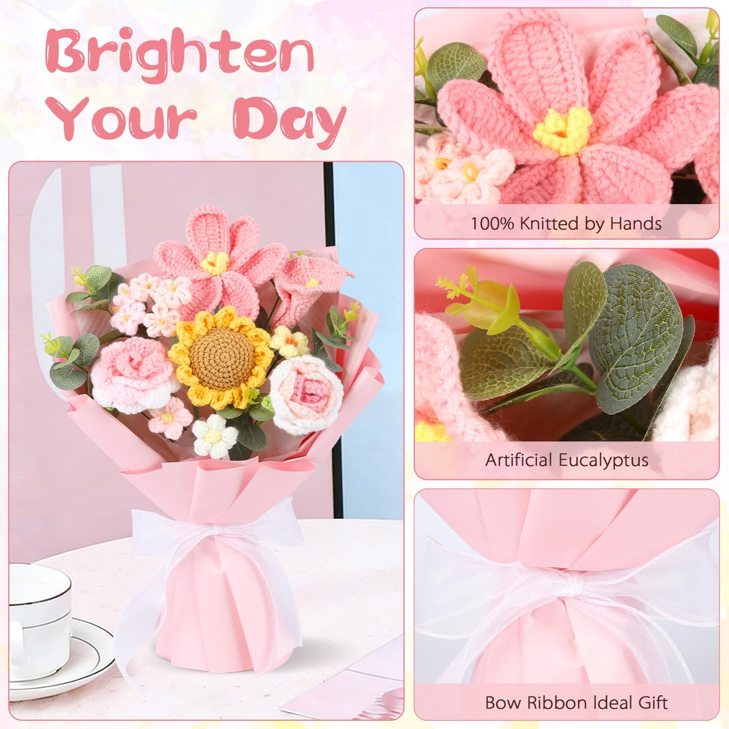 Crocheted Bouquet, Handmade Knitted Flowers，Tulips, Sunflowers Roses Crochet Flowers Suitable for Valentine's Day Teacher's Day Anniversary Birthday Parties Mother's Day Graduation Gifts (Pink)