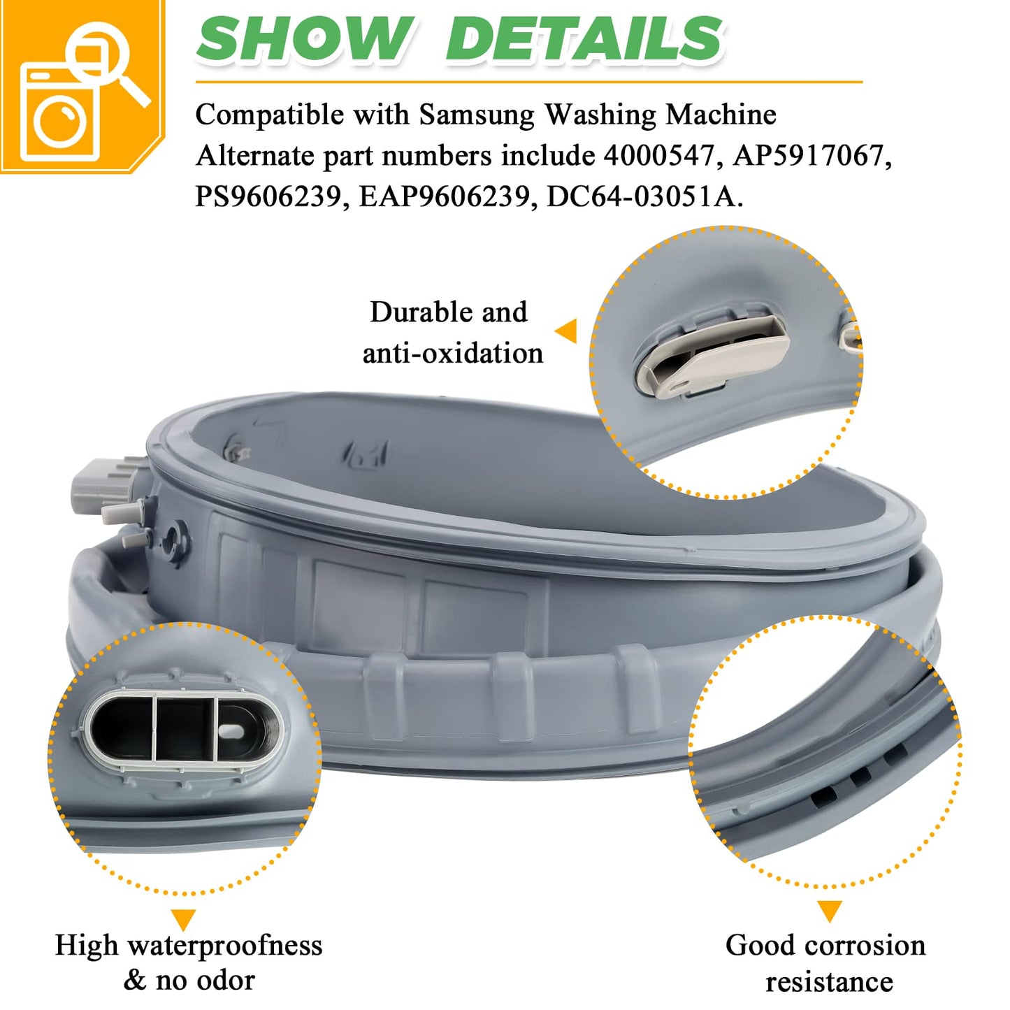 Upgraded DC97-18094B Washer Door Seal OEM for Samsung Washer WF42H5000AW/A2 WF42H5200AP/A2 WF42H5200AF/A2 WF42H5200AW/A2 DC64-03051A Washer Door Boot Seal Gasket Diaphragm by Techecook