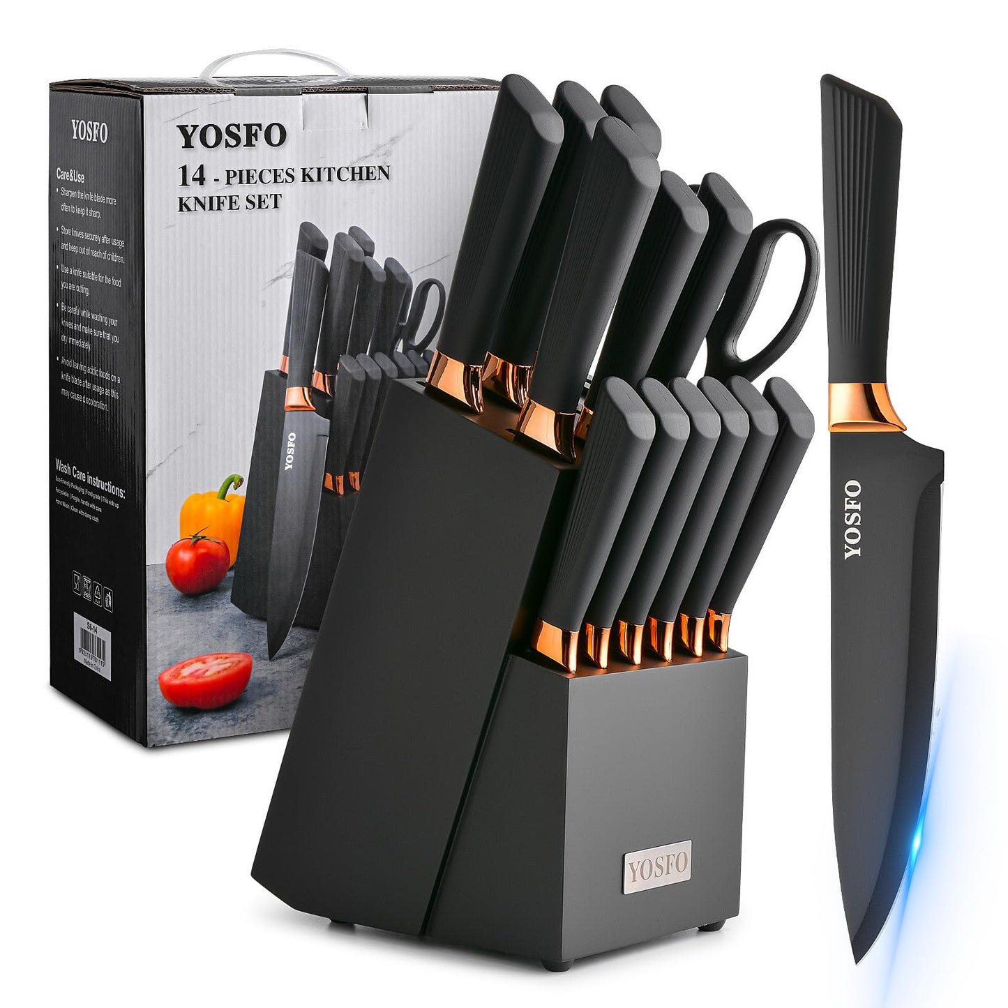 YOSFO Kitchen Knife Set,15 Pcs Knife Set with Block and Sharpener,High Carbon Stainless Steel Ultra Sharp,Dishwasher Safe