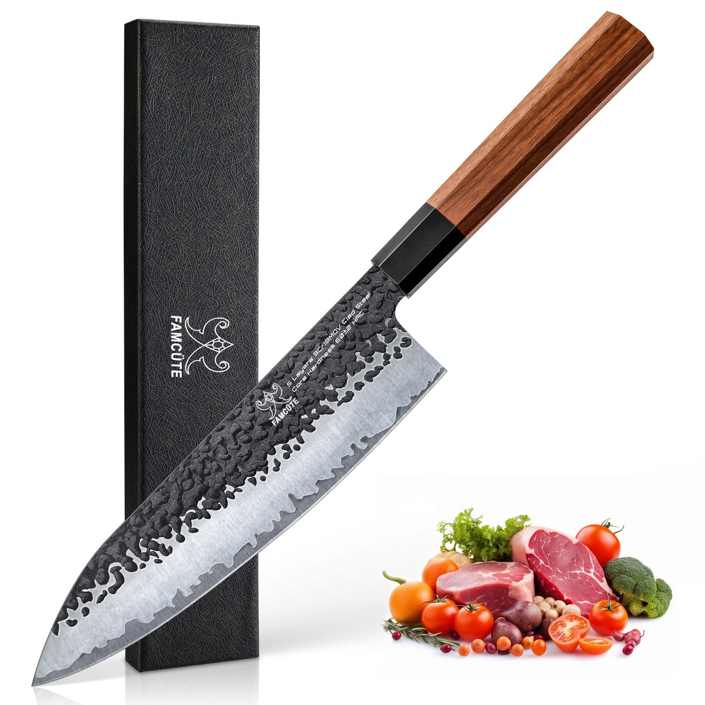 FAMCÜTE 8 Inch Japanese Knife, Hand Forged 5 Layers High Carbon 9CR18MOV Steel Rosewood Handle Chef Knife, Ultra Sharp Durable Professional Kitchen Knife, A Thoughtful Father Day Gifts for Men