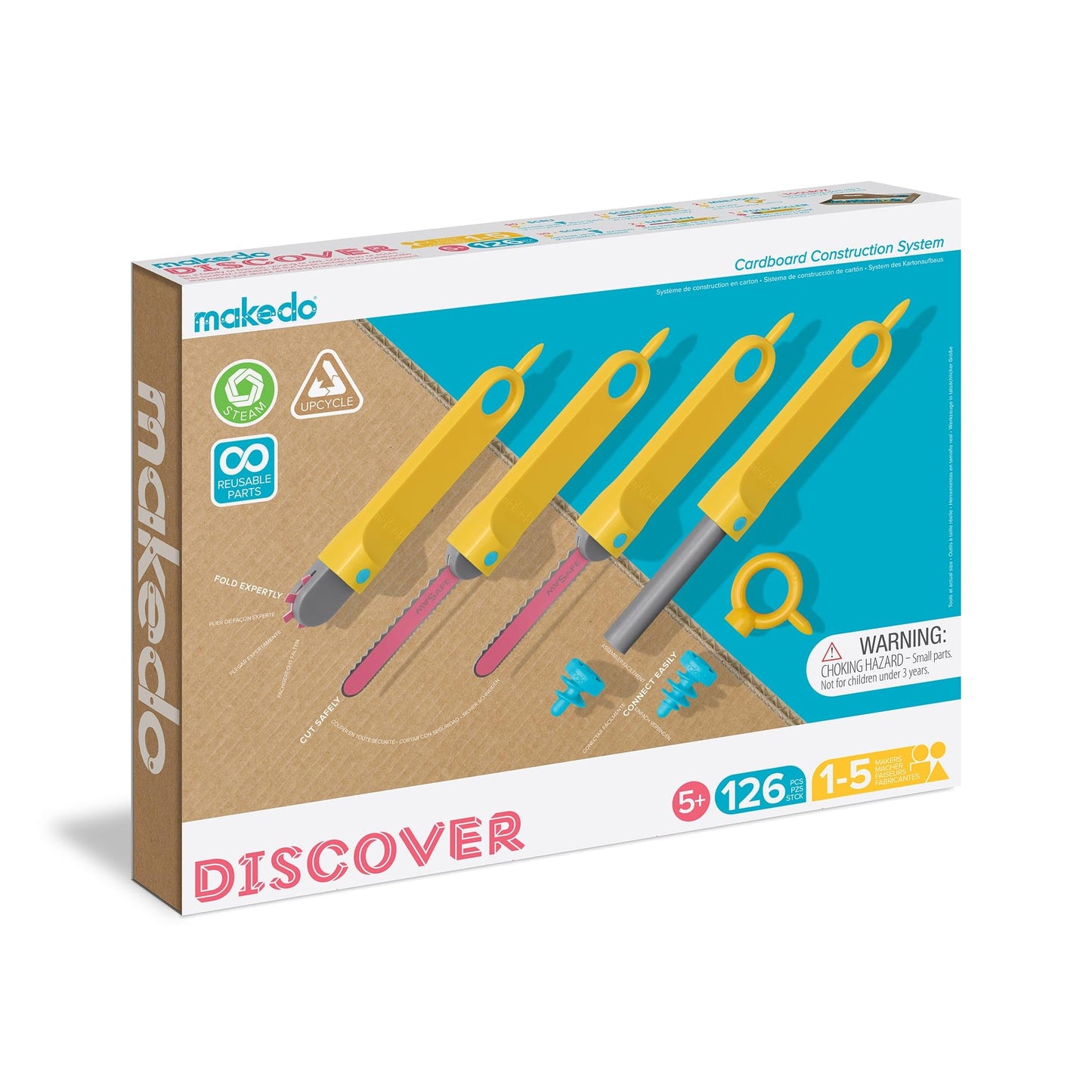 Makedo Discover | 126 Piece Cardboard Construction Toolbox for 1-5 Makers | STEM and STEAM Educational Toys for Kids | at Home Play + Classroom Learning | Reusable Tools for Boys and Girls Age 5+