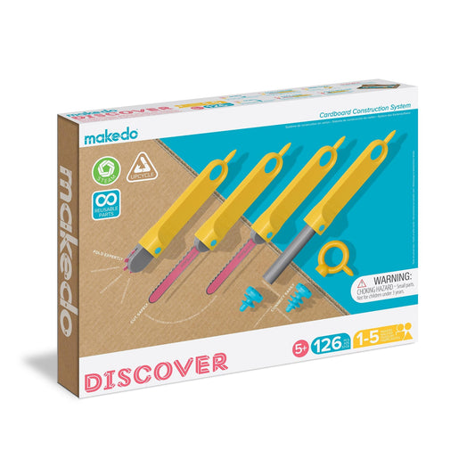 Makedo Discover | 126 Piece Cardboard Construction Toolbox for 1-5 Makers | STEM and STEAM Educational Toys for Kids | at Home Play + Classroom Learning | Reusable Tools for Boys and Girls Age 5+