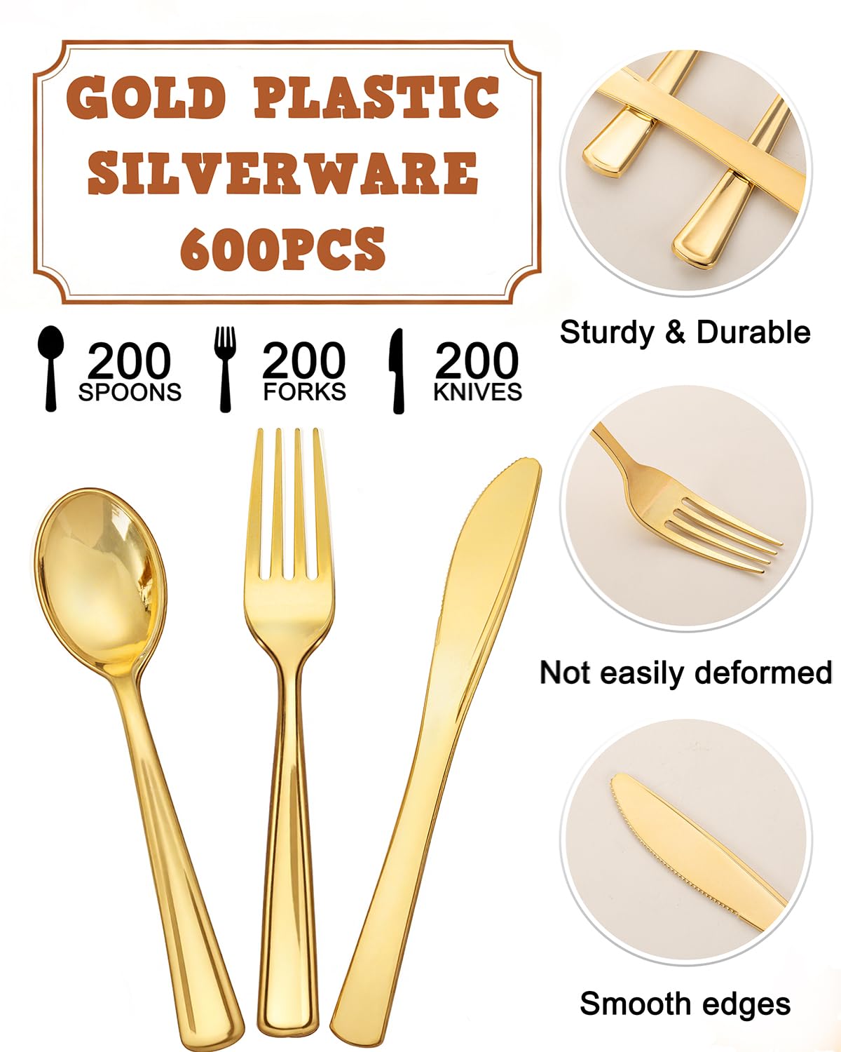 bUCLA 600 Pieces Gold Plastic Silverware - Disposable Gold Utensils - Heavy Duty Plastic Cutlery set- 200 Forks, 200 Spoons, 200 Knives for Party & Wedding