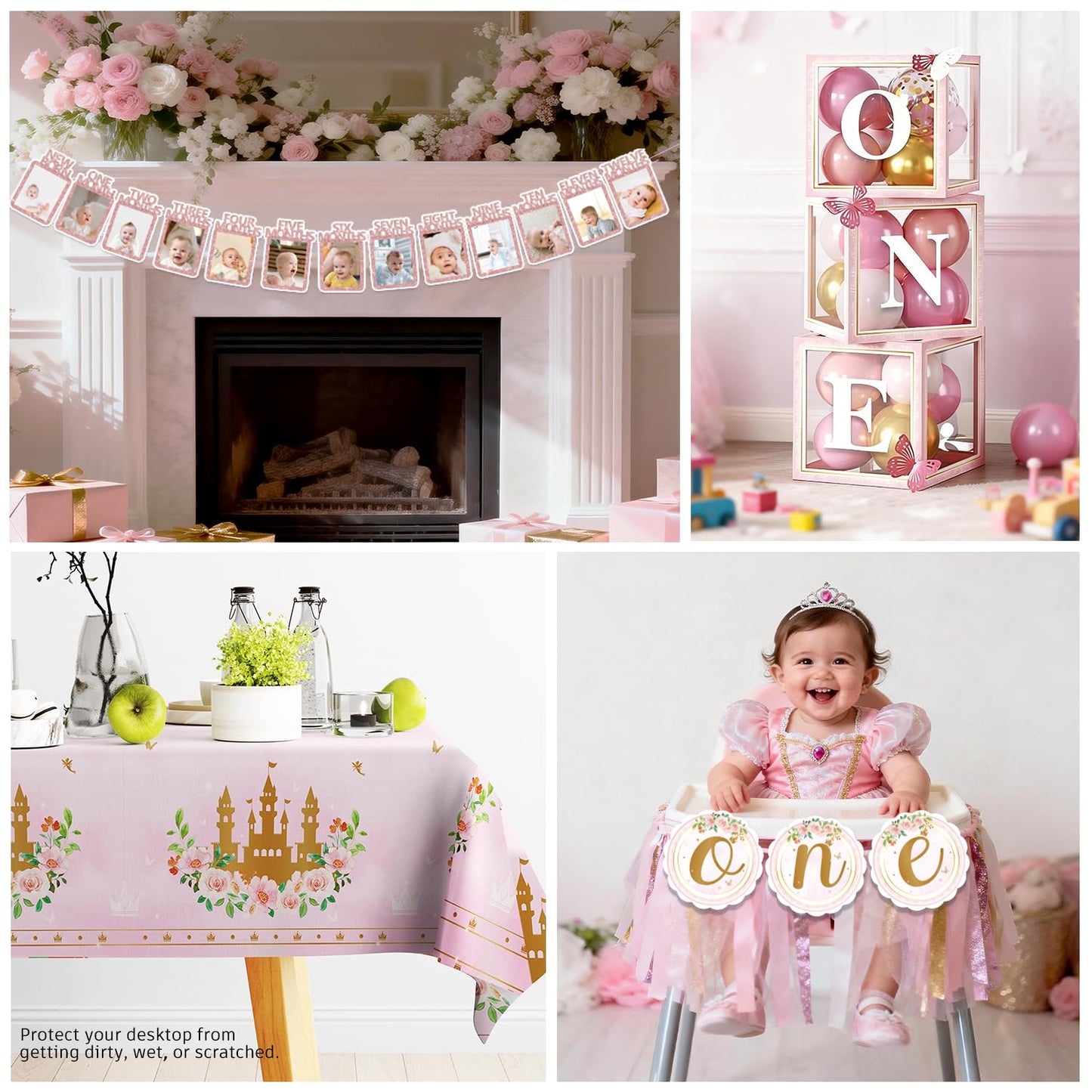 Fexivo 258 PCS Princess First Birthday Decorations, Once Upon A Time Birthday Party Pack Serves 25, with Balloon, Banner, Backdrop, Plates and Napkins, for Girl's First Birthday