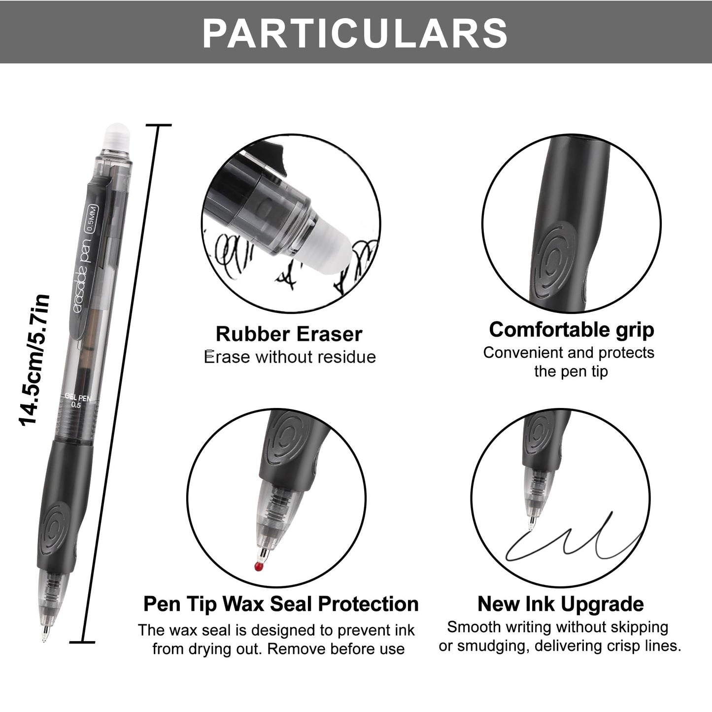 USUAL 54 Black Retractable Erasable Gel Pens Clicker, Fine Point(0.5mm), Make Mistakes Disappear, Premium Comfort Grip, Black Ink for Planners,Smooth Writing Pen Office Back-to-School Supplies