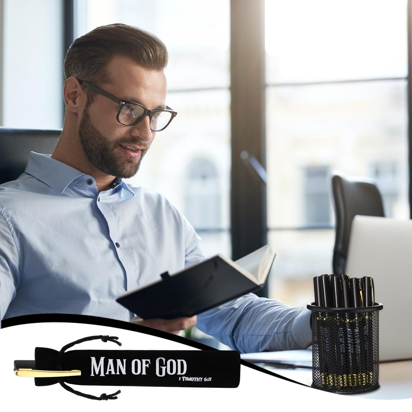 Seajan 40 Sets Christian Father's Day Bulk Gifts for Men Man of God Pens Bulk with Velvet Pouch Father's Day Church Gifts Religious Bible Verse Ballpoint Pens for Pastor Clergy Dad Godfather Baptism