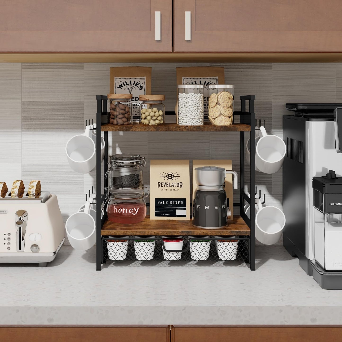 BCOZLUX Coffee Bar Organizer, 3 Tier Coffee Station Organizer for Countertop, Mug Cup Holder Stand with 12 Hooks, with K Cup Storage Drawer, Tea Organizers Accessories for Home Office