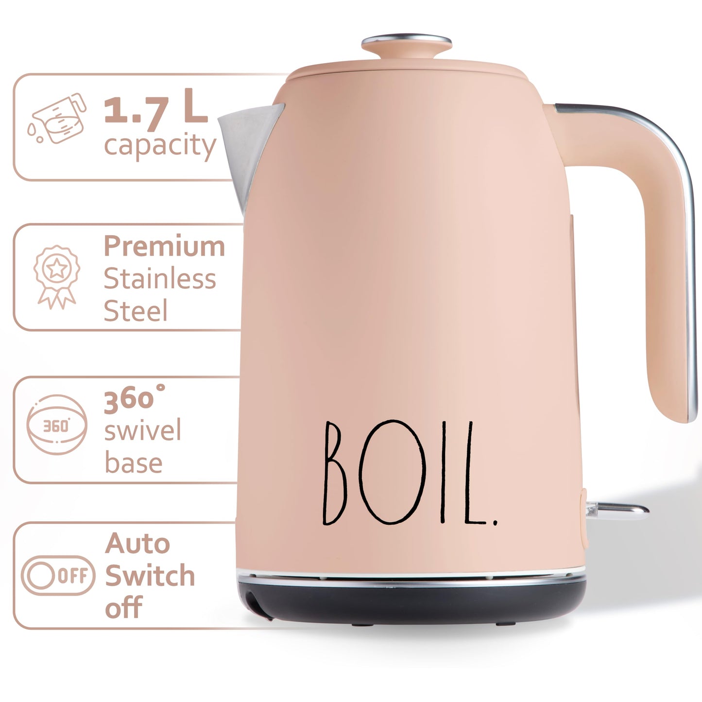 Rae Dunn Electric Hot Water Kettle - Stainless Steel Coffee Maker, Tea Kettle, Swivel Base, With Automatic Shut Off Boil-Dry Protection, Easy Pour Pitcher, 1500 Watt Boiling Power, 1.7 Liters, Blush