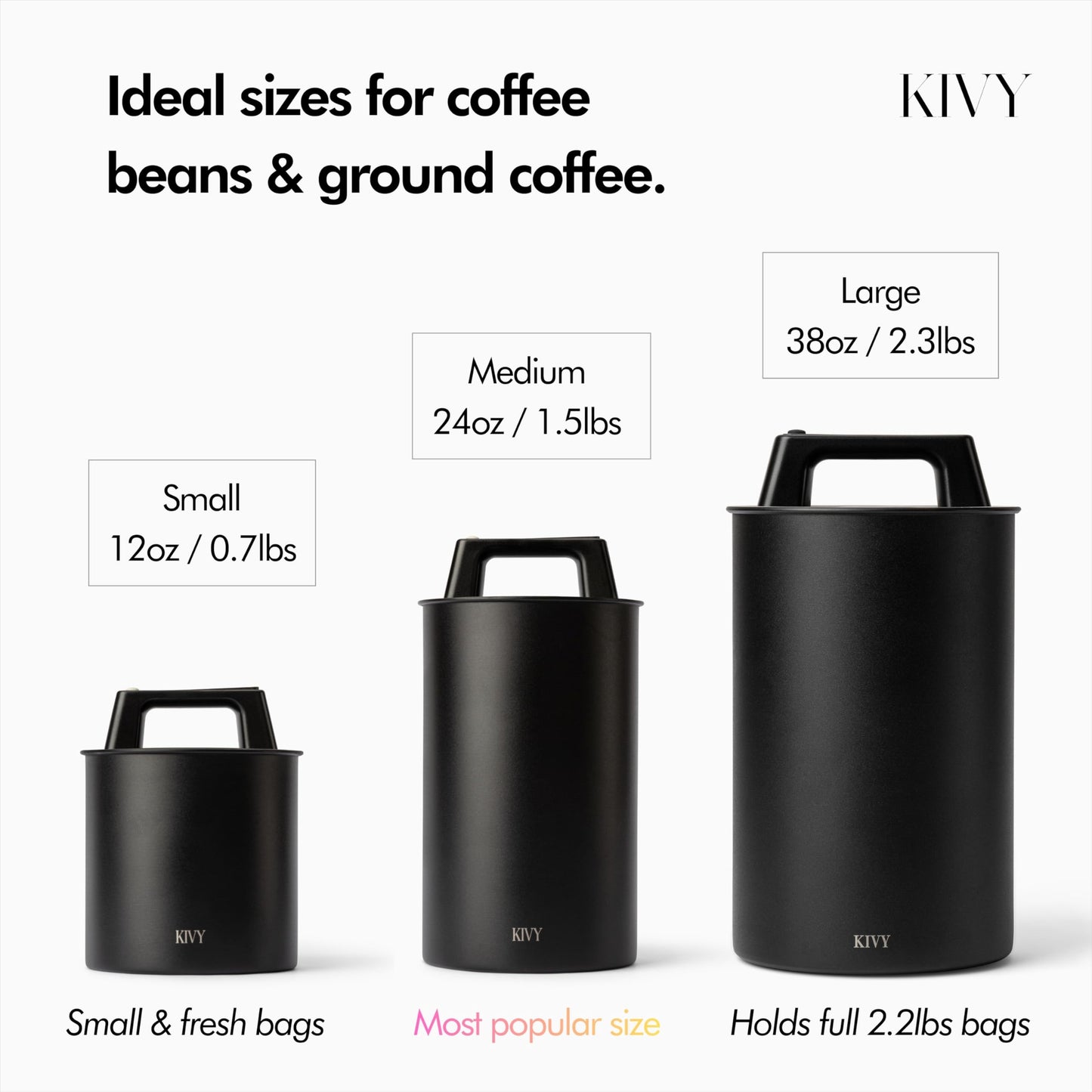 KIVY Vacuum Coffee Canister (Large) - Push Lid Preserves Aroma & Oil - Stainless Steel Airtight Canister - Container for Ground & Coffee Bean Storage - Removes Excess Air