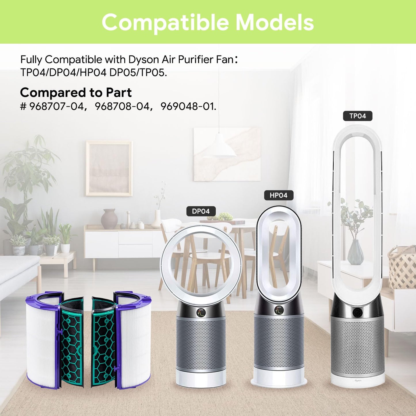 Pure Daisy Replacement Filter for Dyson Air Purifier HP04, TP04, DP04, TP05, DP05 - Includes 2 HEPA Filters, 2 Carbon Filters, and Cleaning Brush - Not Compatible with TP01, HP01, PH Series Models