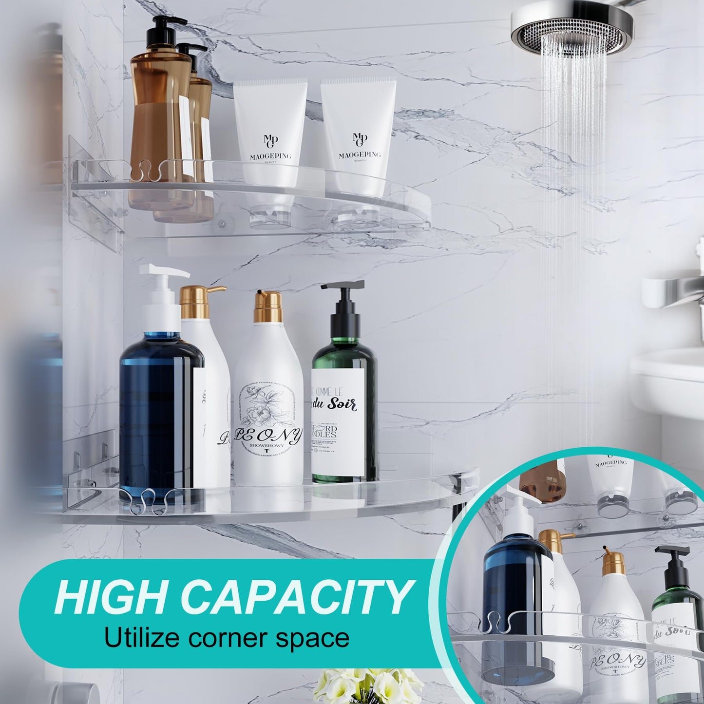 YAWSOUP Acrylic Corner Shower Shelves, Adhesive Shower Caddy Organizer for Bathroom Storage Home Decor, Clear Rustproof No Drilling Wall Shelf, 2-Pack
