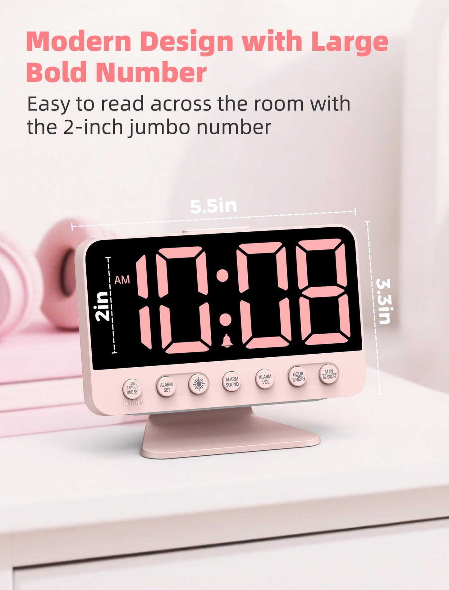 Odokee Digital Alarm Clocks for Bedrooms: Large Bold Number 5 Brightness Dimmer - Easy to Read Across The Room - 5 Alarm Sound 8 Night Light - Sakura Pink