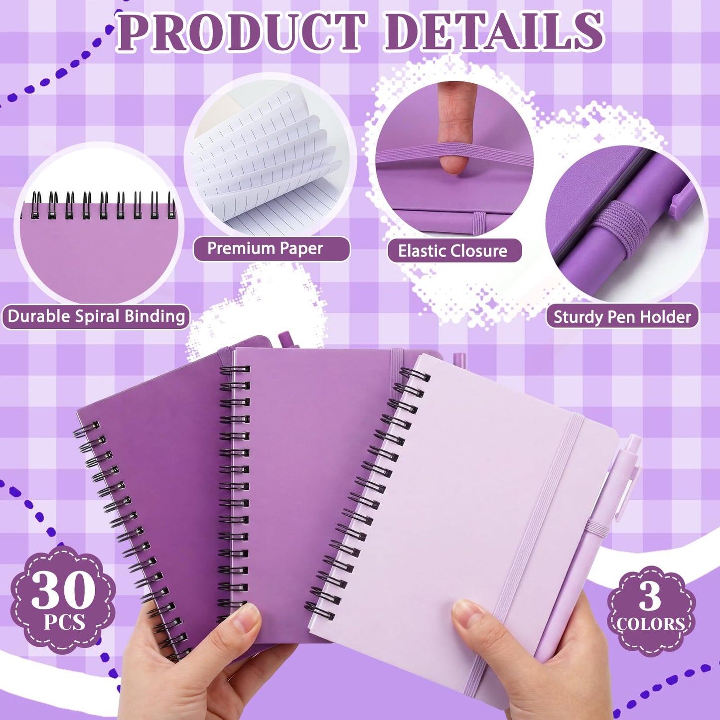 Fulmoon 30 Set Small Spiral Notebooks A6 with Pens Bulk, Multicolor 4" x 6" Pocket Notebooks Mini Lined Journals 50 Sheets for Back to School Supplies Students Gifts Rewards Office (Violet Bloom)