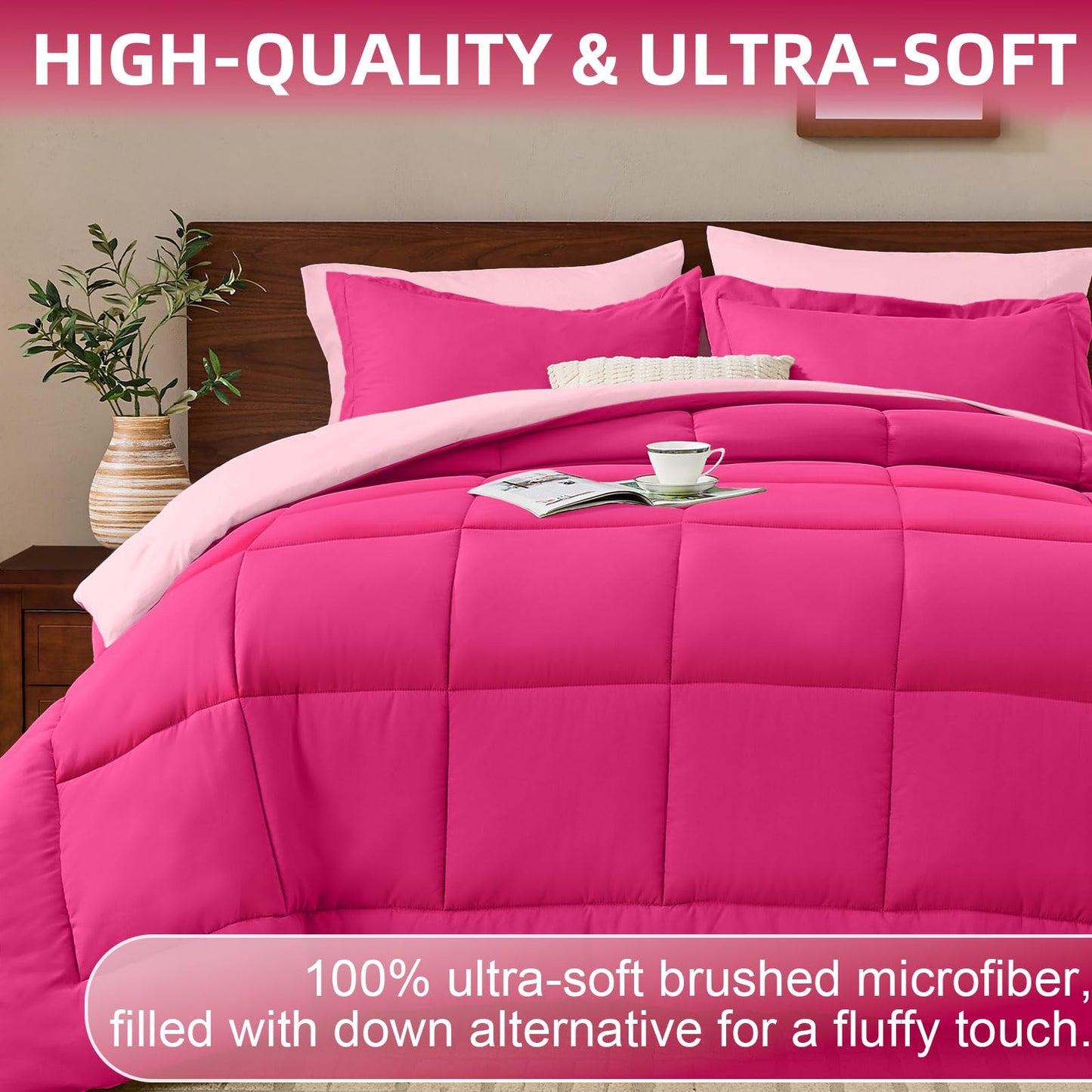 FUANNA Queen Comforter Set 7 Pieces, Reversible Queen Size Bed in a Bag with All Season Soft Comforter, Bedding Sets Includes Comforter, Flat Sheet, Fitted Sheet, Pillowcases & Shams, Hot Pink & Pink