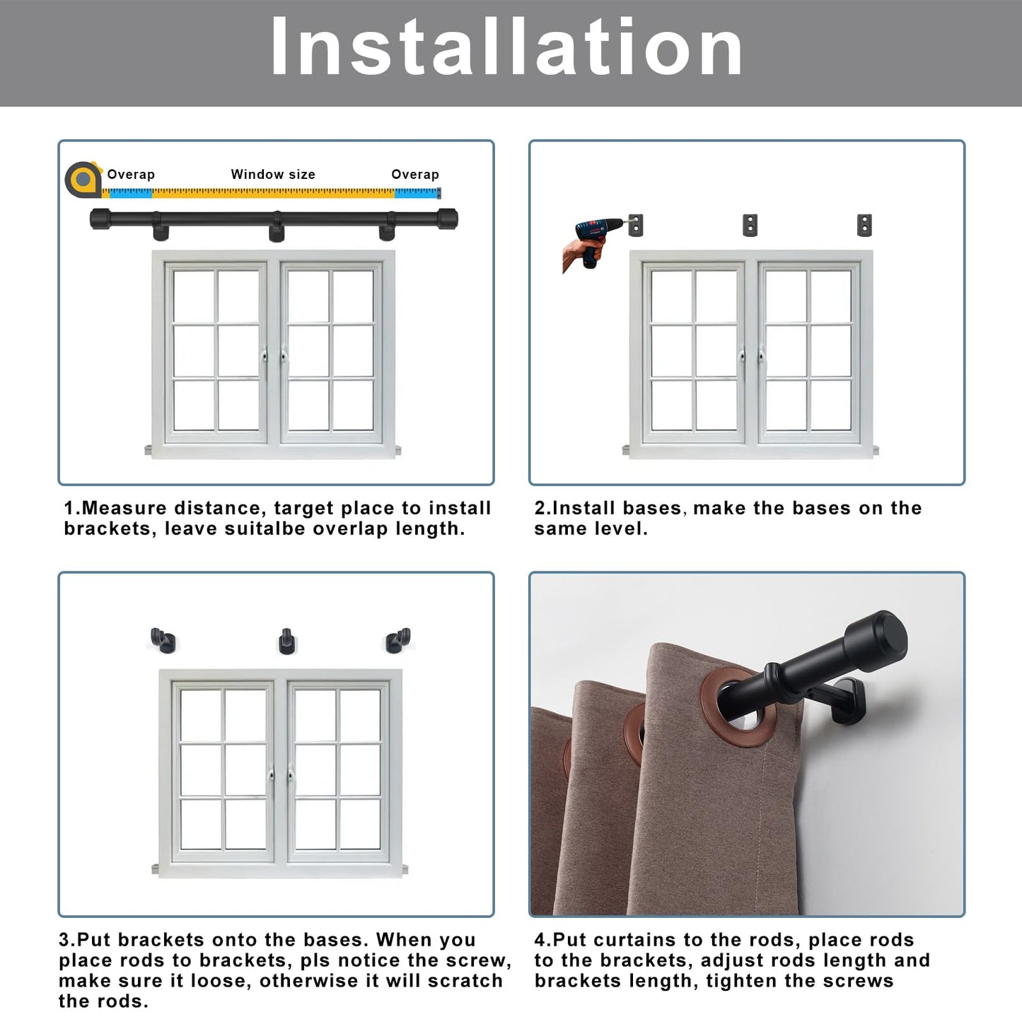 Heavy Duty Curtain Rods, 1 1/8 Inch Diameter Single Curtain Rod 36-72Inch(3-6ft) Extendable Length with End Caps Adjustable Modern Brackets-Warm Gold