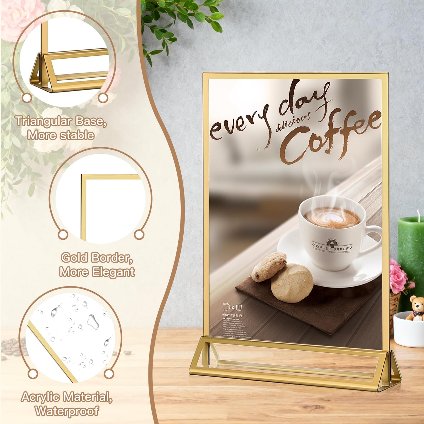 RETON 12 Pack Acrylic Sign Holder, A5 Clear Gold Frame Display Stand, Double Sided Picture Menu Flyer Holders, Wedding Table Number Frames for Cards Photo Party Decoration (A5)